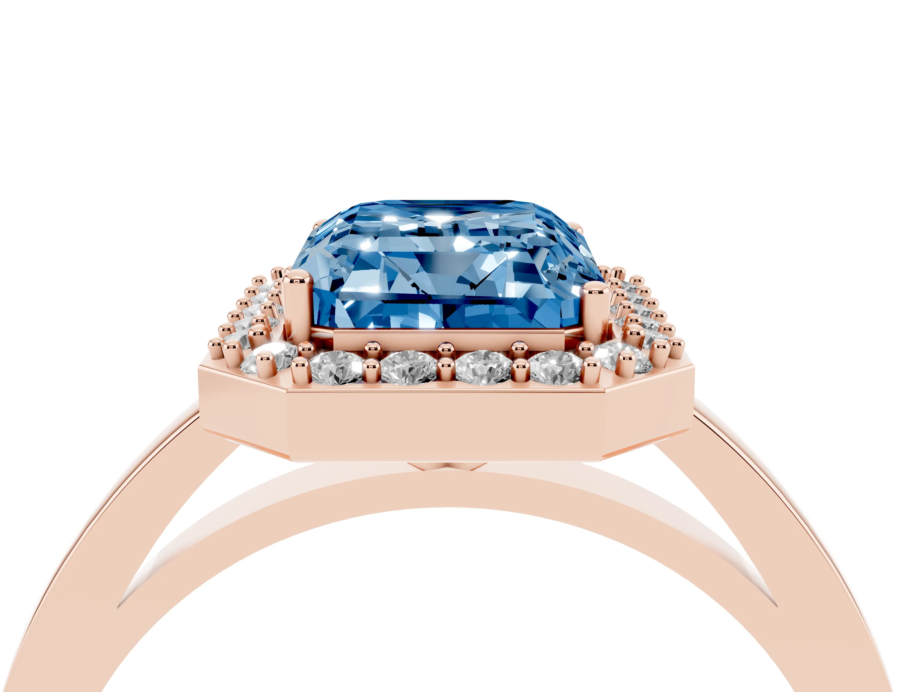 Fancy Blue Radiant Cut Diamond Halo Ring Set in Rose gold with Solitaire Band and Prong Setting