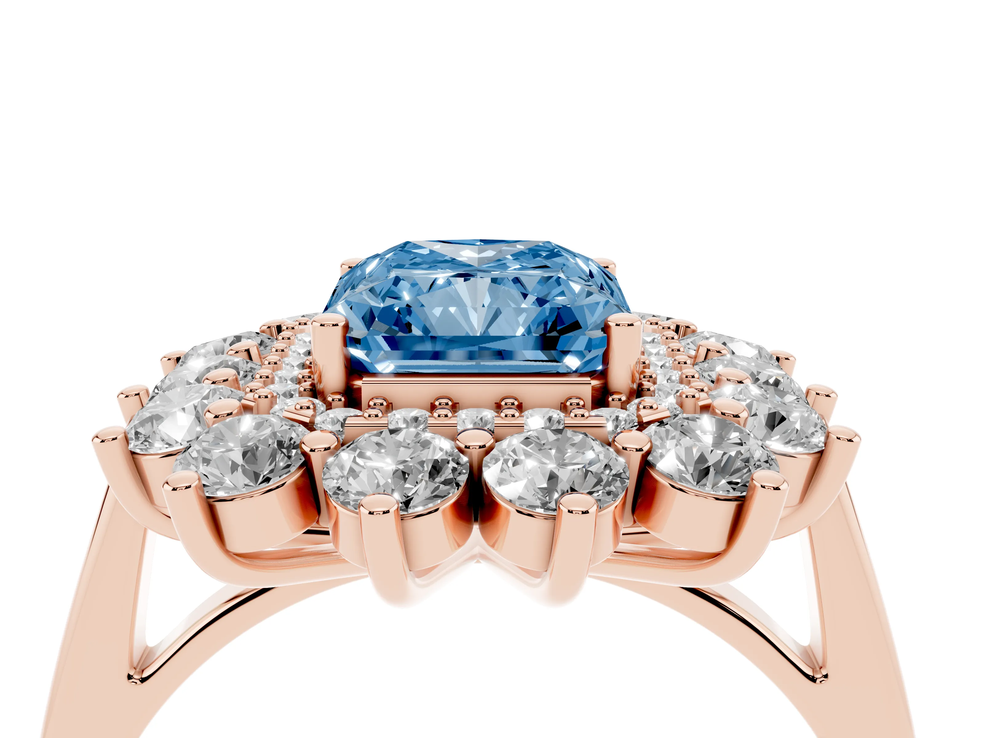 Fancy Blue Radiant Cut Diamond Floral Double Halo Ring Set in Rose gold with Round Petals