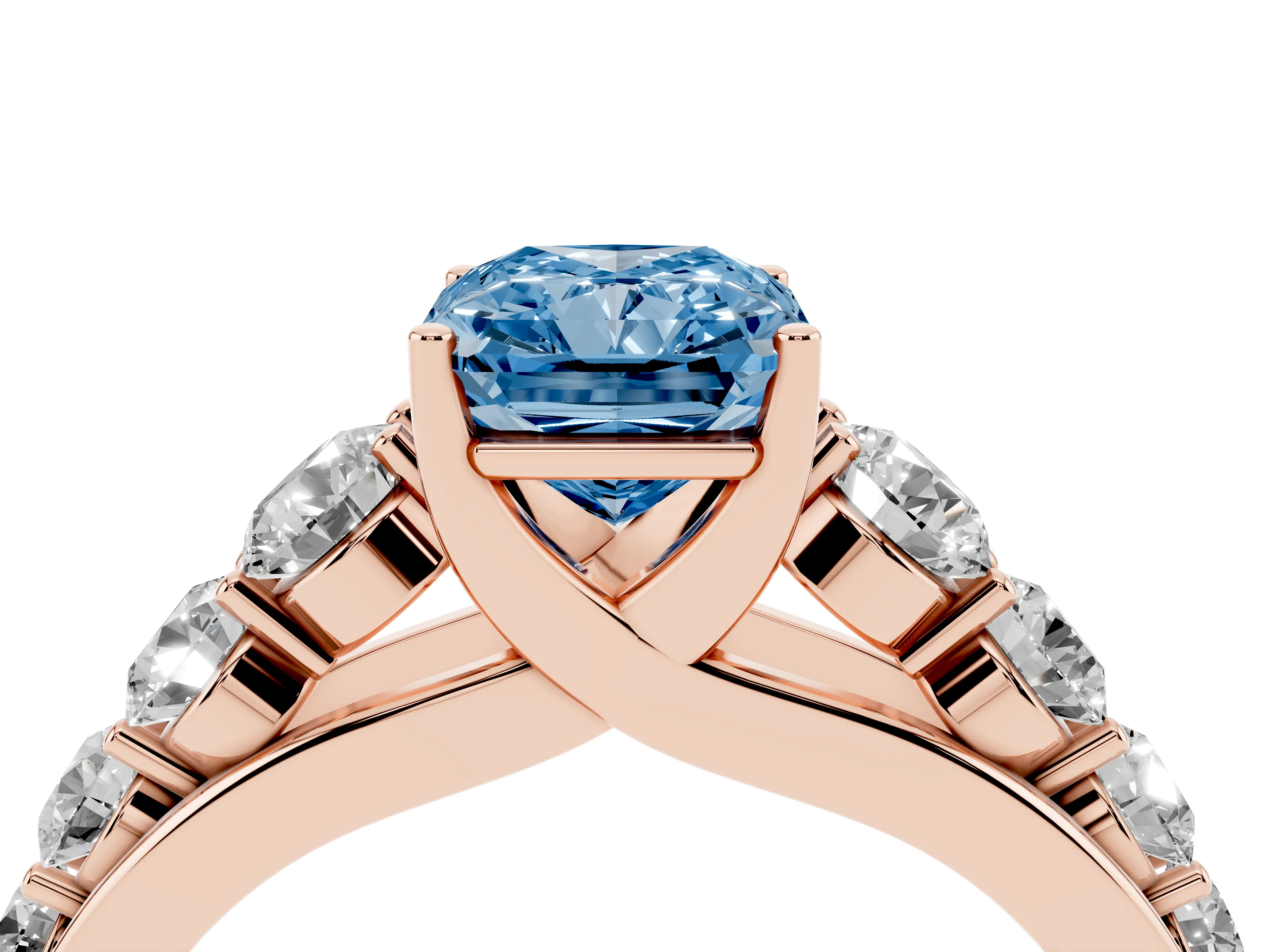 Fancy Blue Radiant Cut Diamond Solitaire Ring Set in Rose gold with Pavé-Set Band and Prong Setting