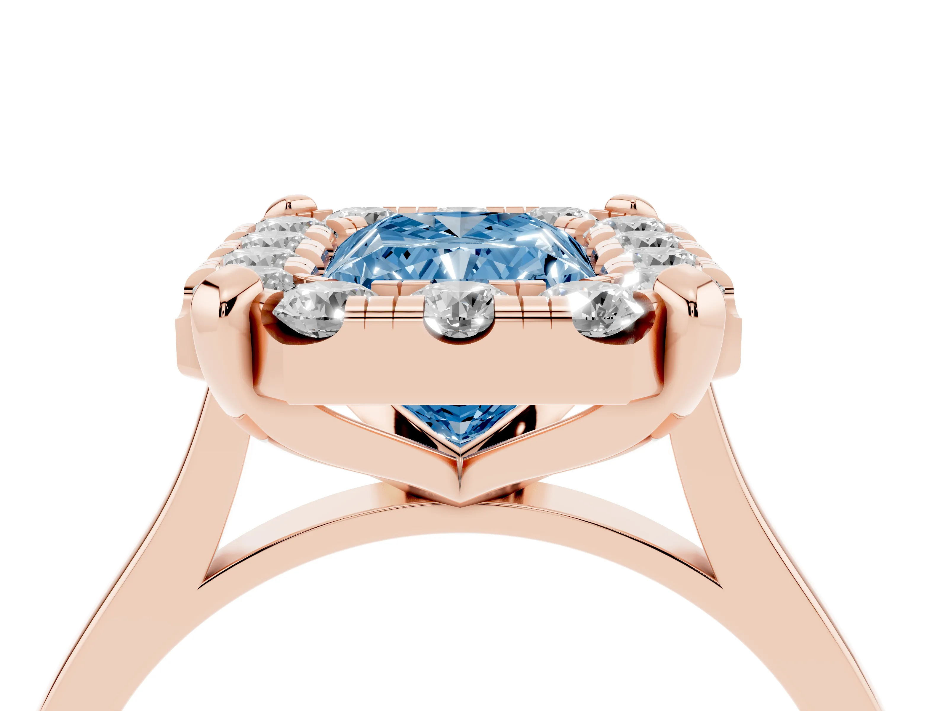 Fancy Blue Radiant Cut Diamond Cluster Halo Solitaire Ring Set in Rose gold with Prong Setting