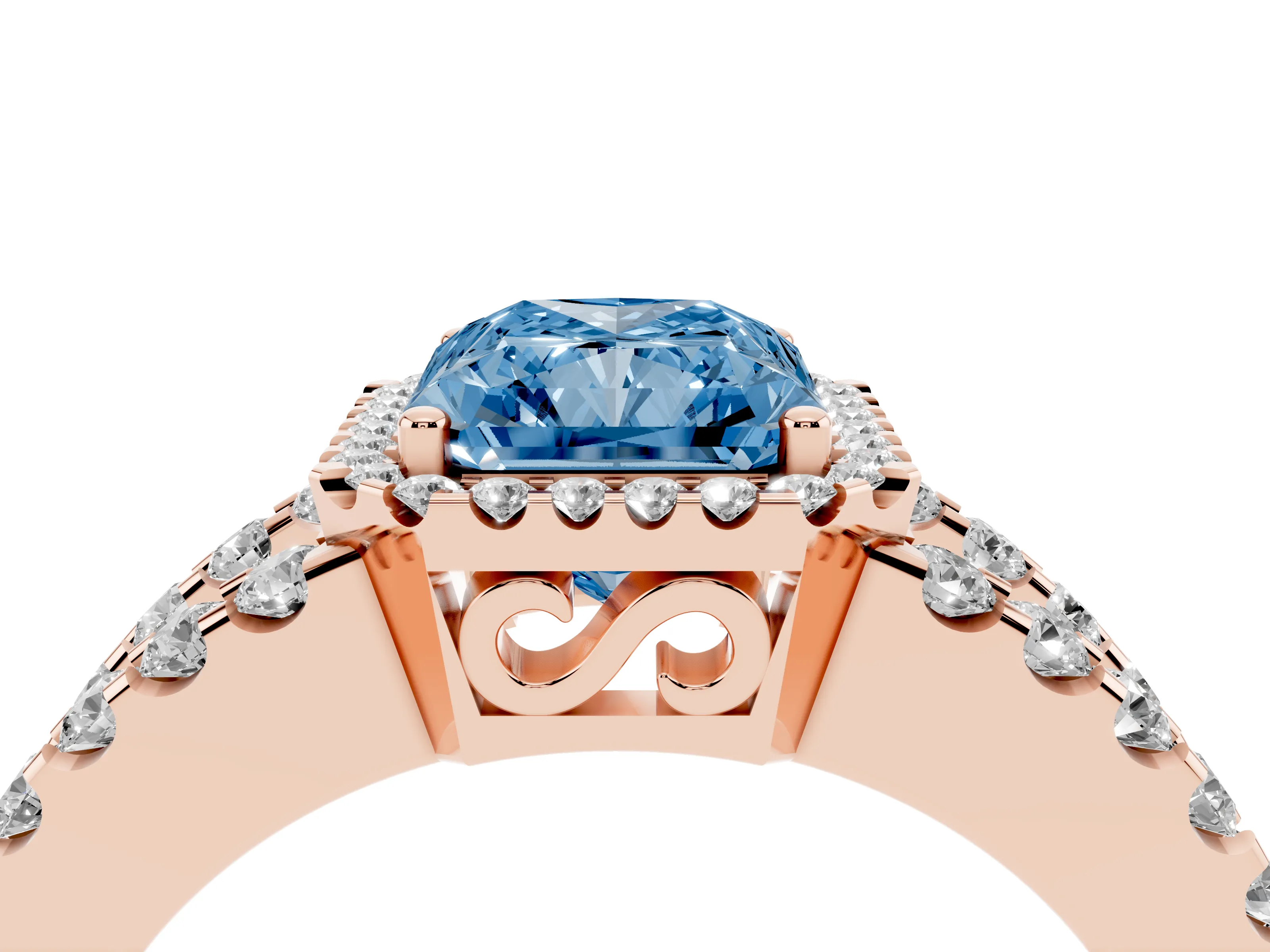 Fancy Blue Radiant Cut Diamond Halo Ring Set in Rose gold with Pavé Split Shank and Prong Setting