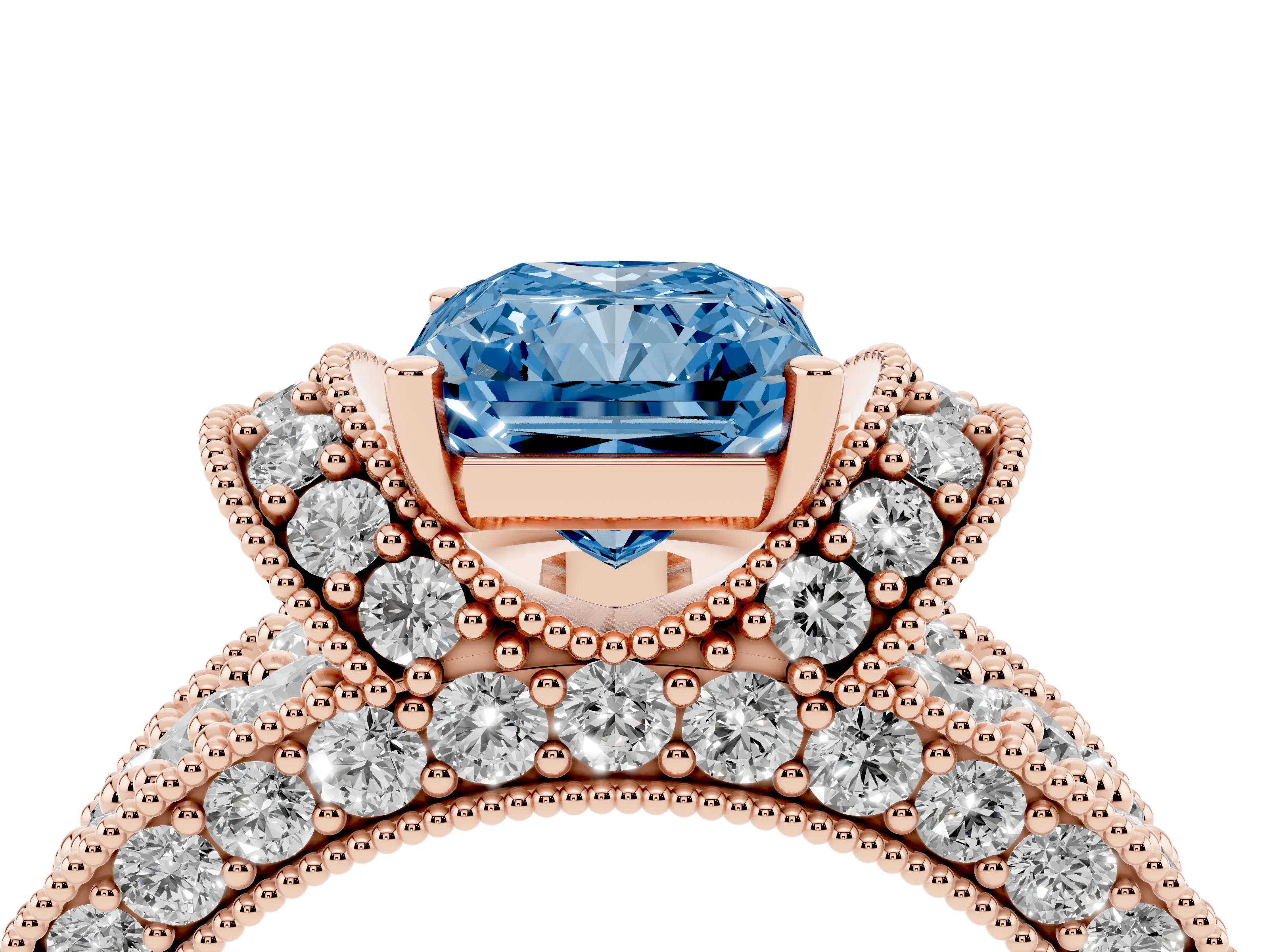 Fancy Blue Radiant Cut Diamond Milgrain Halo Pavé Engagement Ring Set in Rose gold with Prong Setting