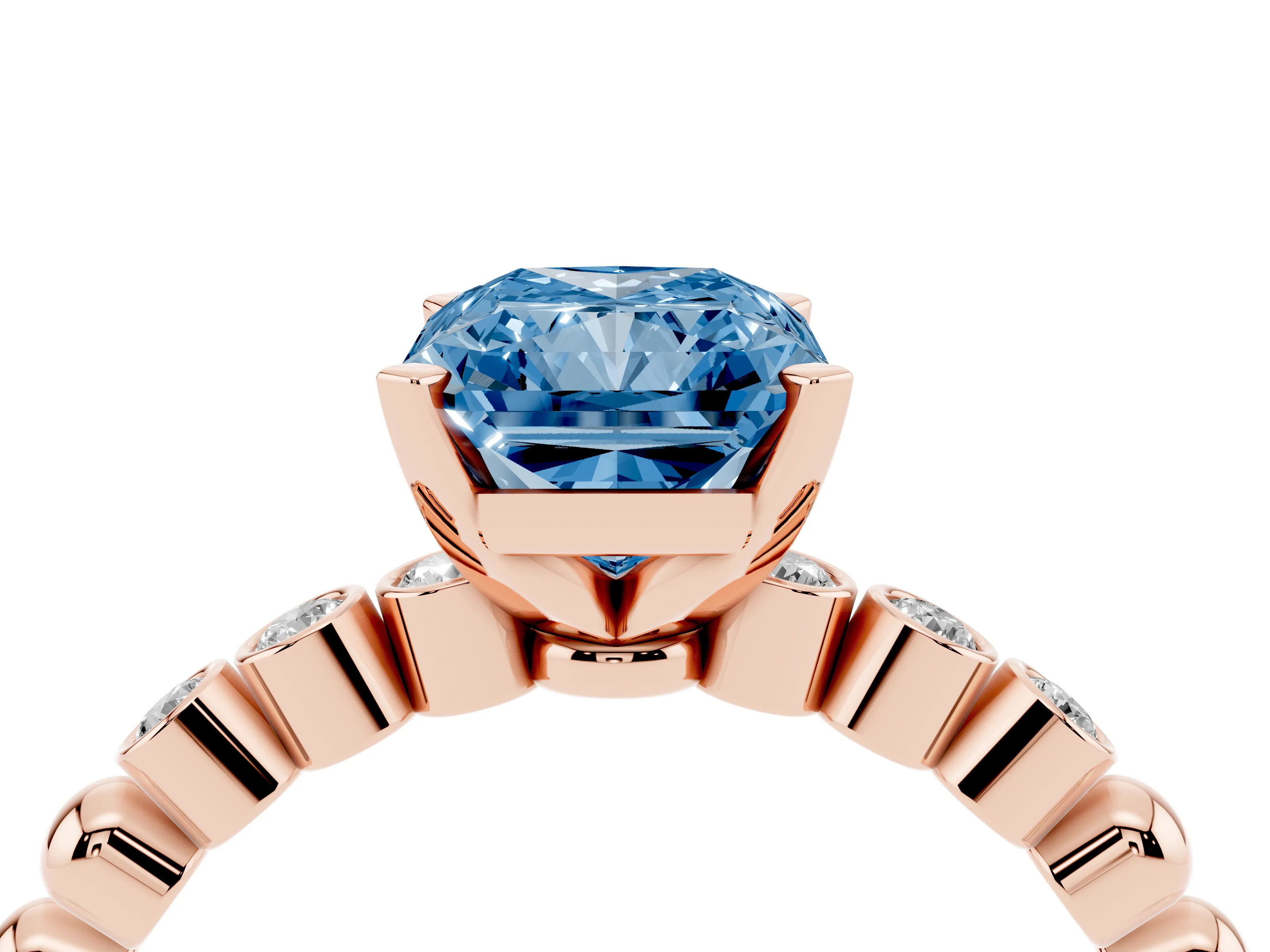 Fancy Blue Radiant Cut Diamond Solitaire Engagement Ring Set in Rose gold with Bezel Accents on Beaded Band