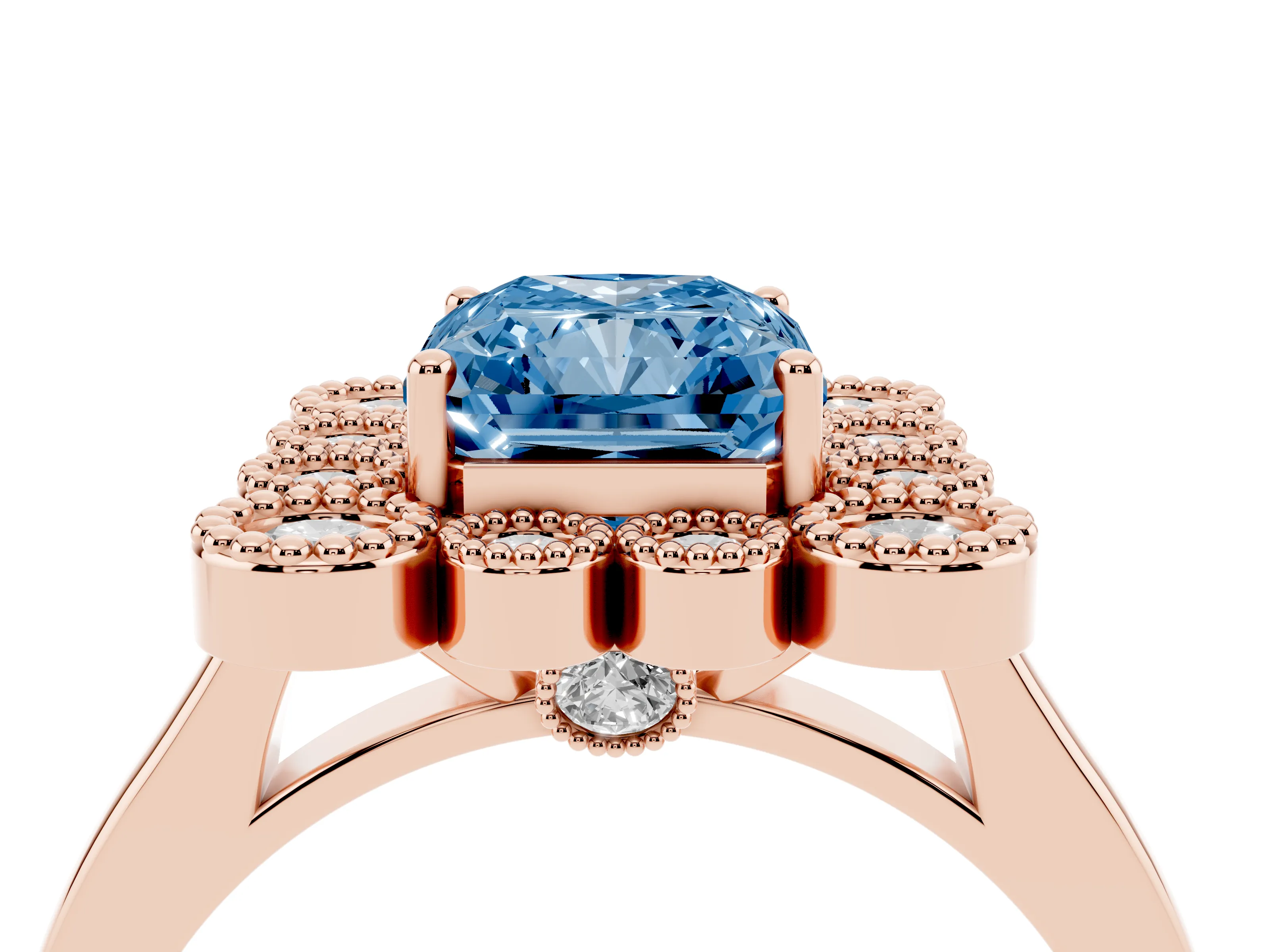Fancy Blue Radiant Cut Diamond Cluster Halo Ring Set in Rose gold with Milgrain Bezel Accents and Plain Band