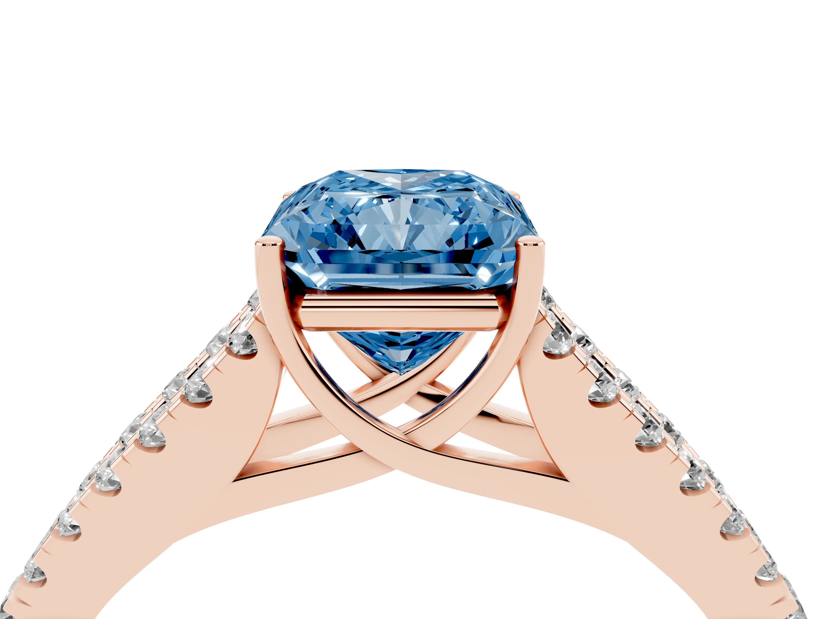 Fancy Blue Radiant Cut Diamond Split Shank Pavé Engagement Ring Set in Rose gold with Prong-Held Center Stone