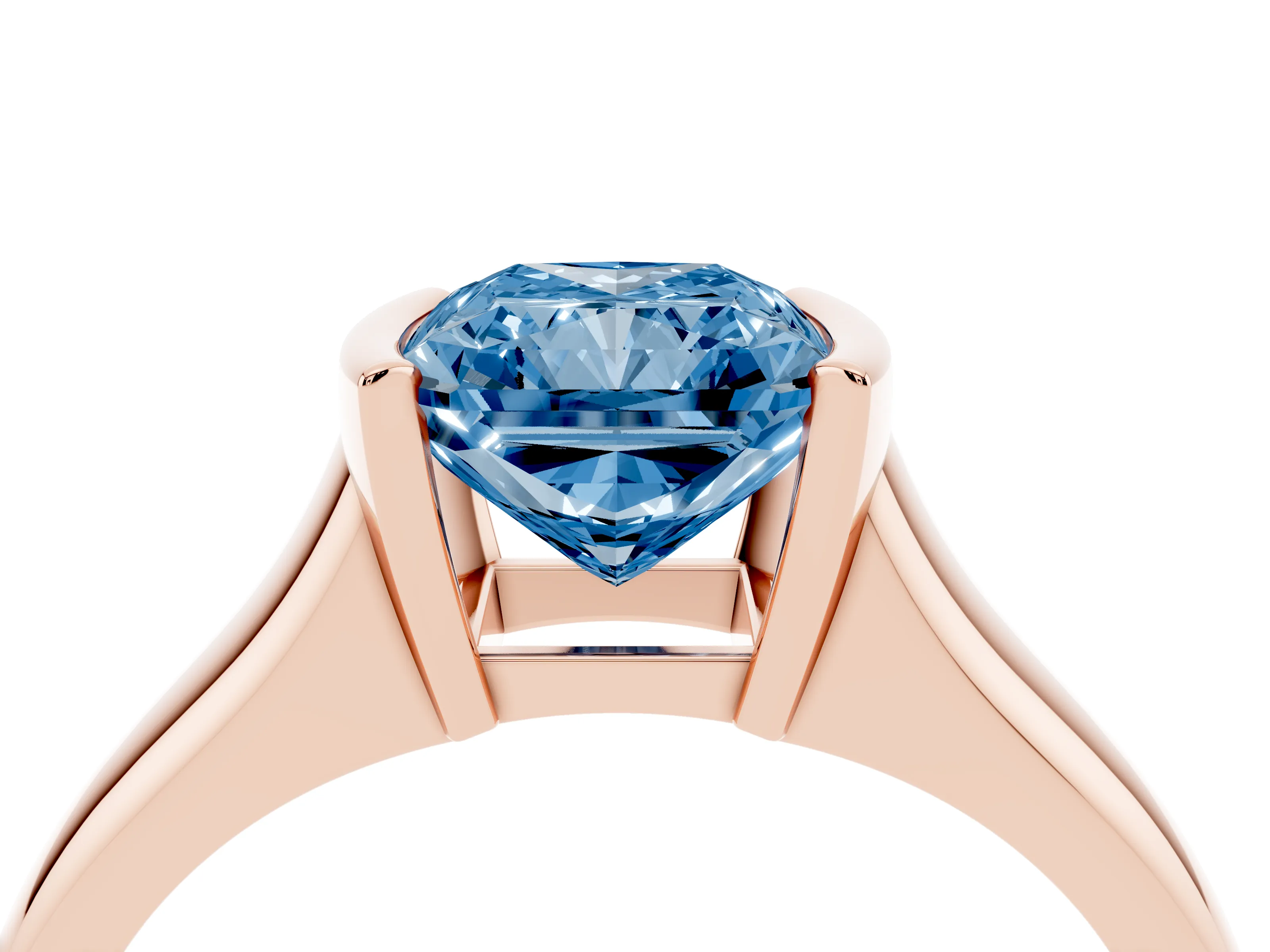 Fancy Blue Radiant Cut Diamond Solitaire Tension Set Ring Set in Rose gold with Split Shank Band