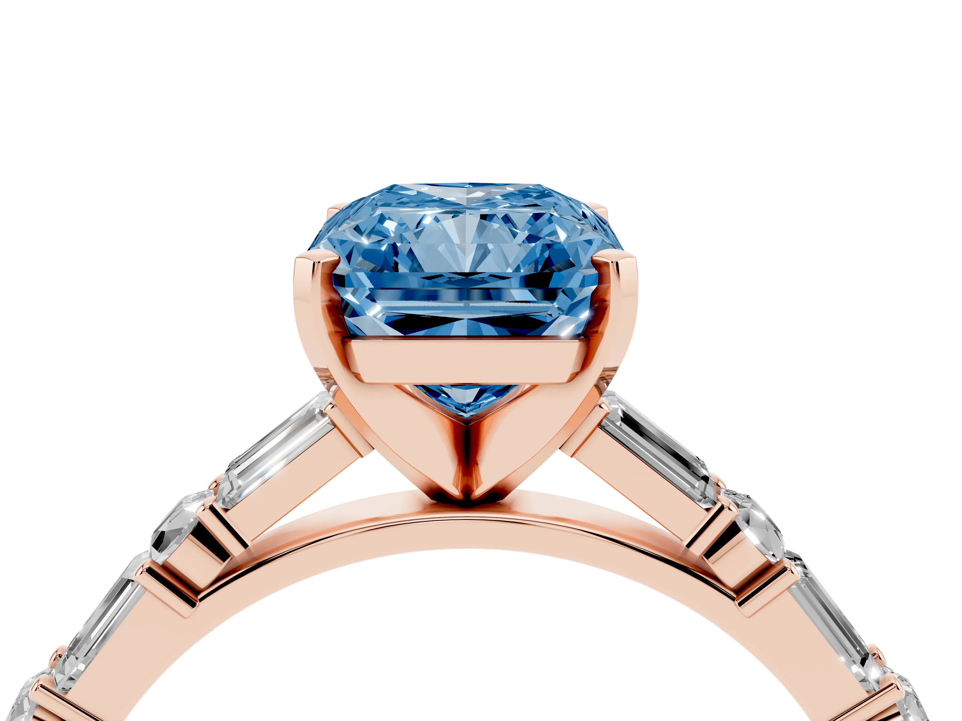 Fancy Blue Radiant Cut Diamond Solitaire Set in Rose gold with Side Baguettes and Channel Set Band