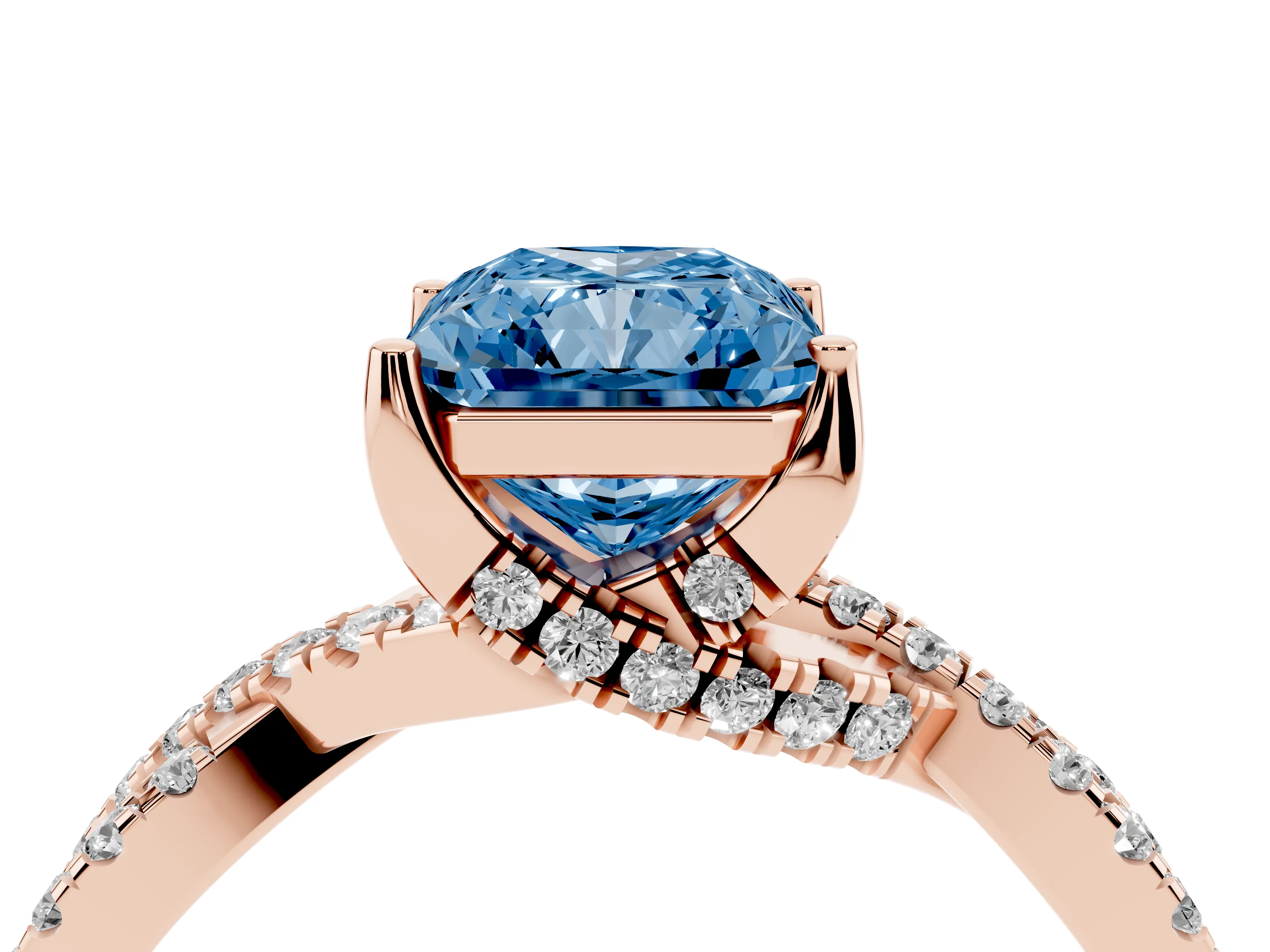 Fancy Blue Radiant Cut Diamond Twist Pavé Solitaire Engagement Ring Set in Rose gold with Prong Setting