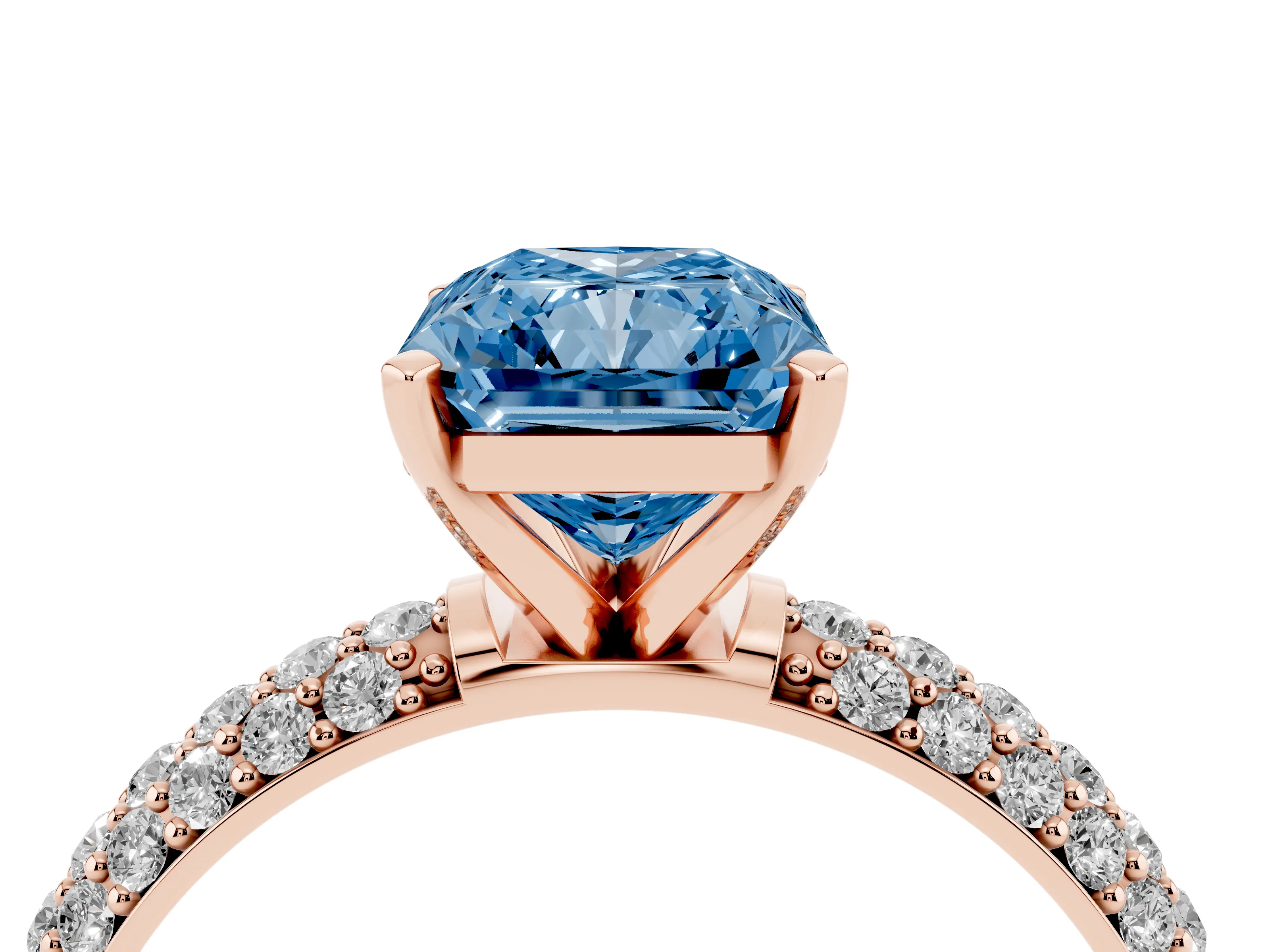 Fancy Blue Radiant Cut Diamond Solitaire Ring Set in Rose gold with Prong Setting and Pavé-Set Band
