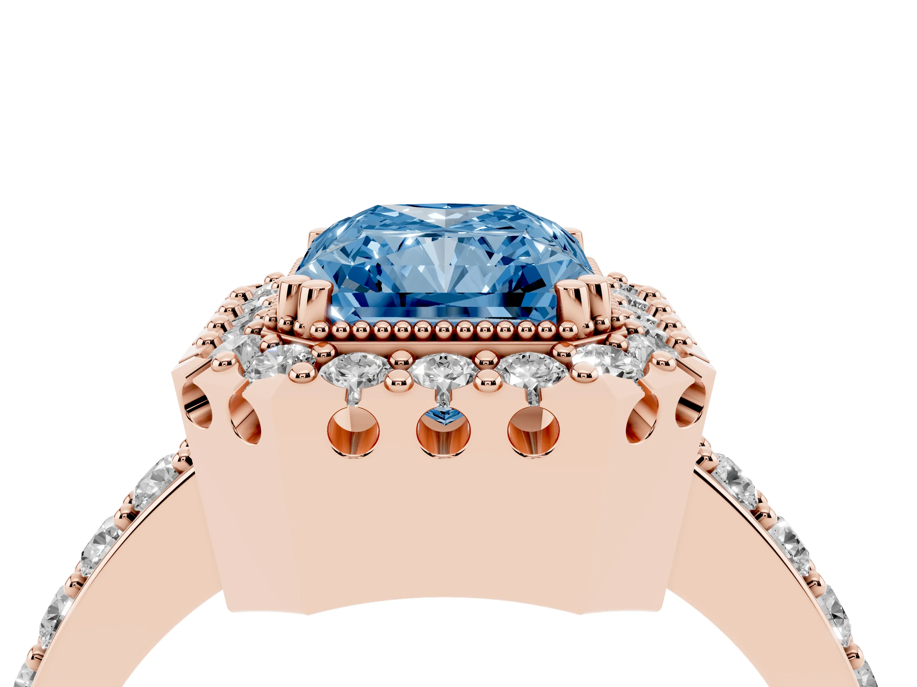 Fancy Blue Radiant Cut Diamond Halo Ring Set in Rose gold with Pavé Shank and Prong Setting