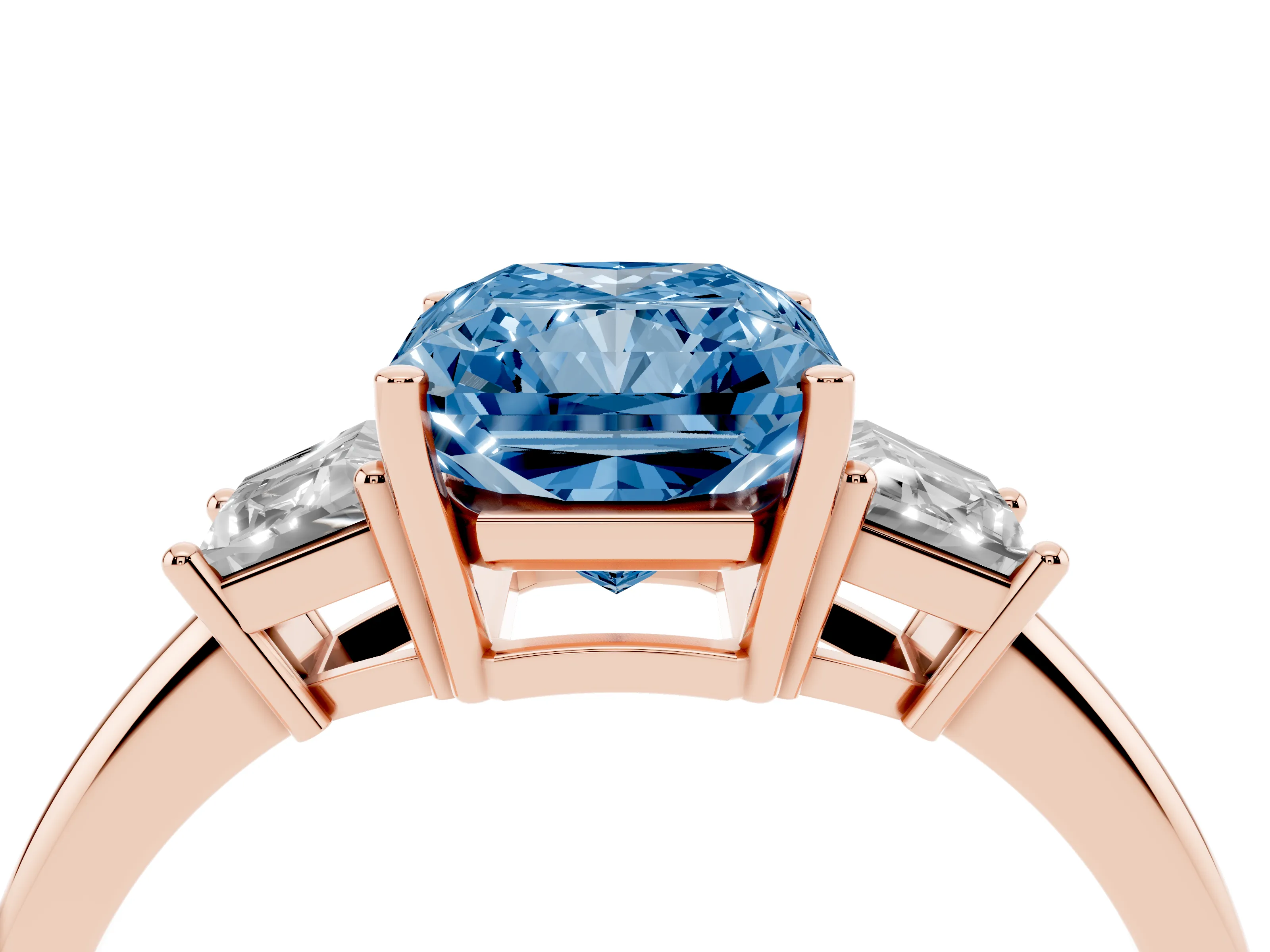 Fancy Blue Radiant Cut Diamond Three-Stone Ring Set in Rose gold with Trapezoid Side Stones and Prong Setting