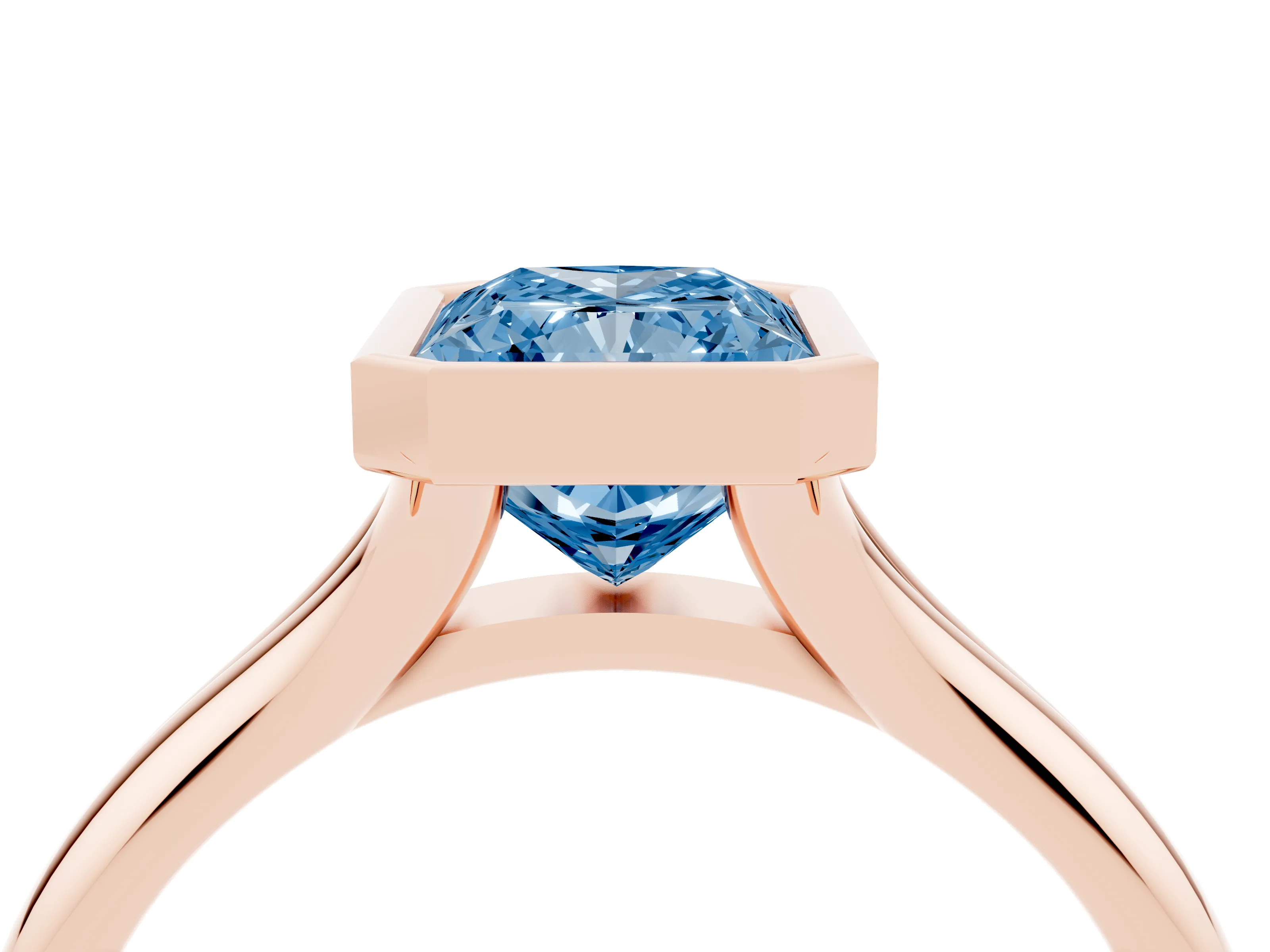 Fancy Blue Bezel Set Radiant Cut Diamond Solitaire Ring Set in Rose gold with Smooth Band