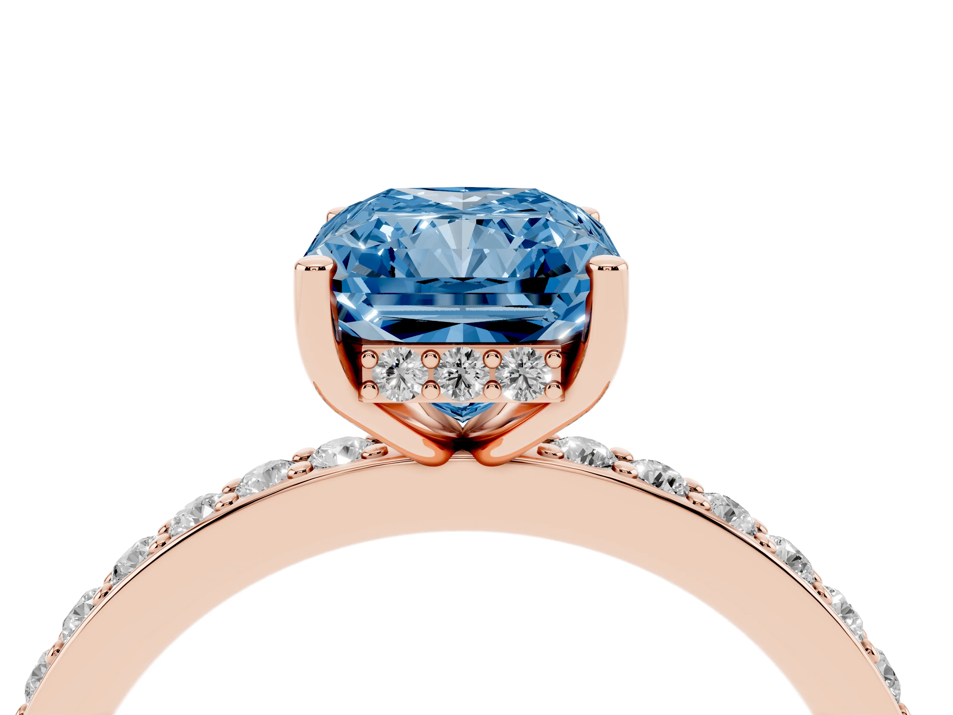 Fancy Blue Radiant Cut Diamond Pavé Band Ring Set in Rose gold with Prong-Set Center Stone