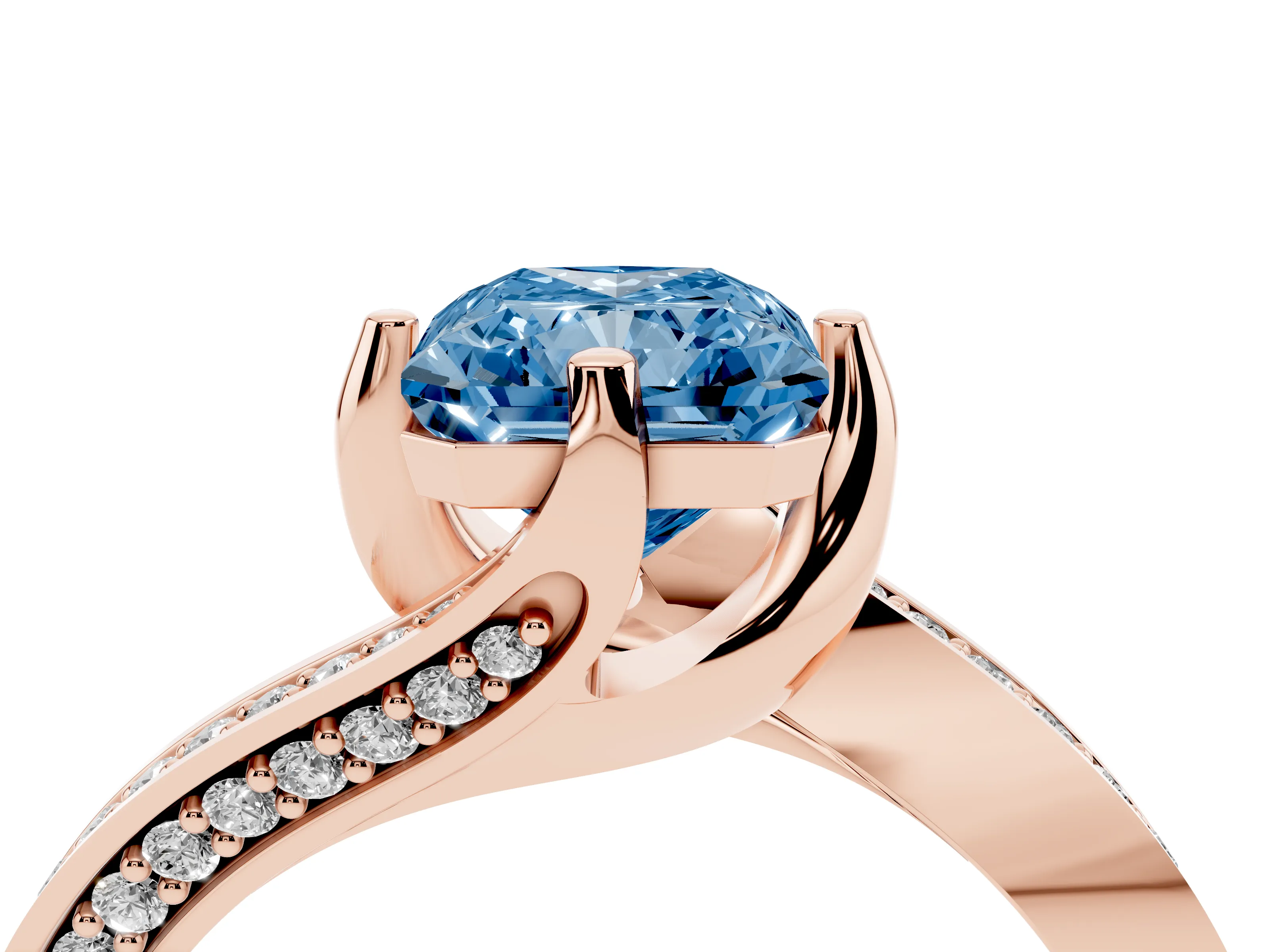 Fancy Blue Radiant Cut Diamond Solitaire Ring Set in Rose gold with Intertwined Pavé Twist Band