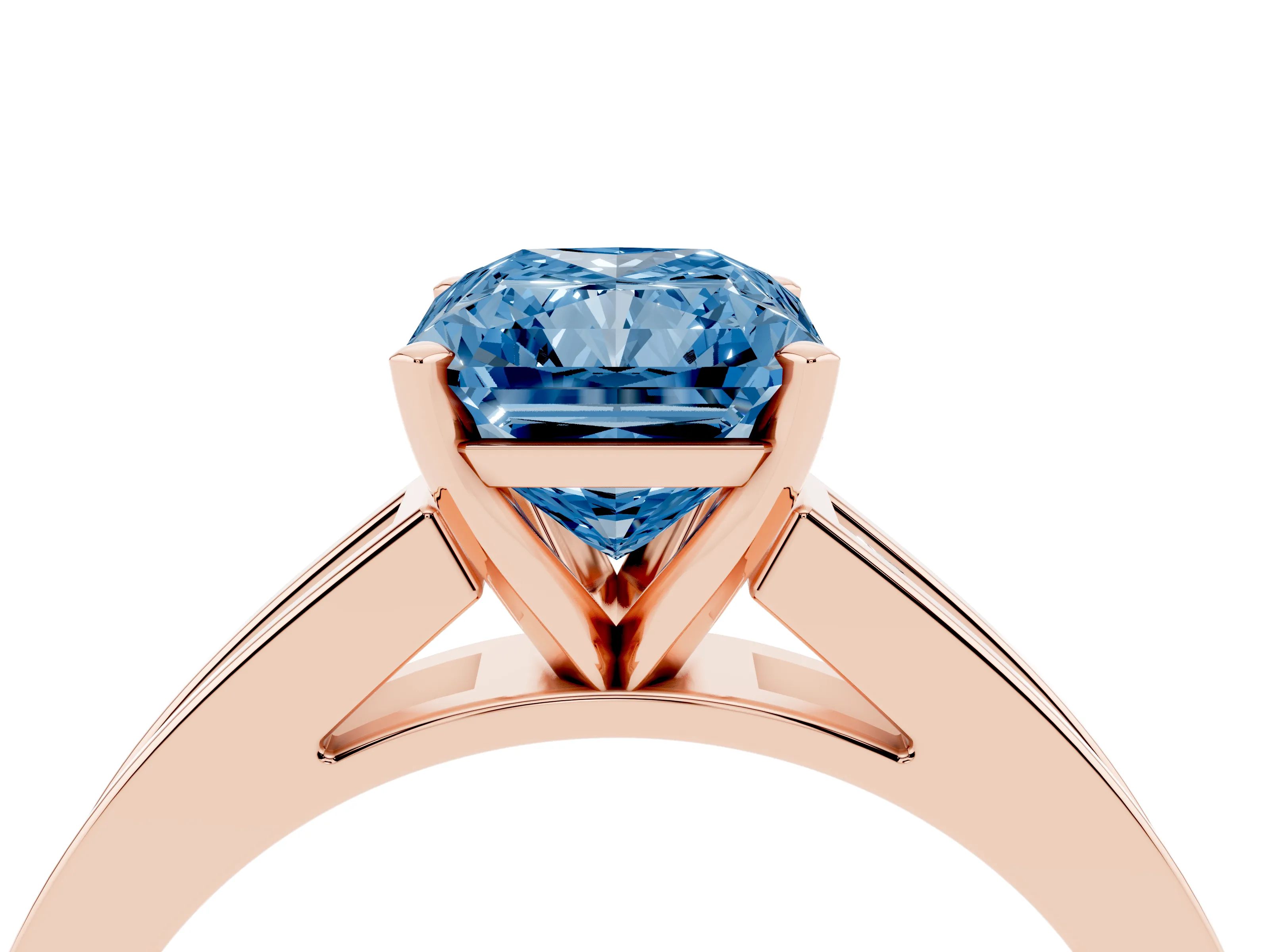 Fancy Blue Radiant Cut Diamond Solitaire Ring Set in Rose gold with Channel-Set Band and Prong Setting