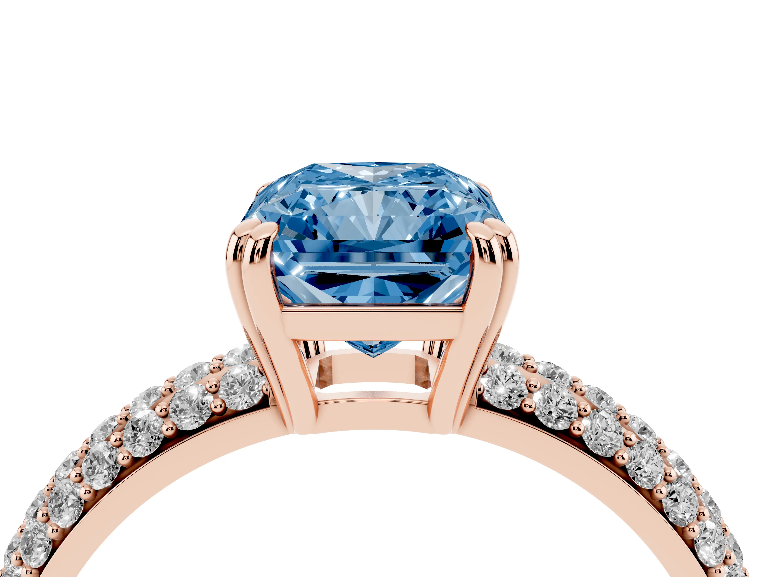 Fancy Blue Radiant Cut Diamond Solitaire Ring Set in Rose gold with Multi-Row Round Pavé Band and Prong Setting