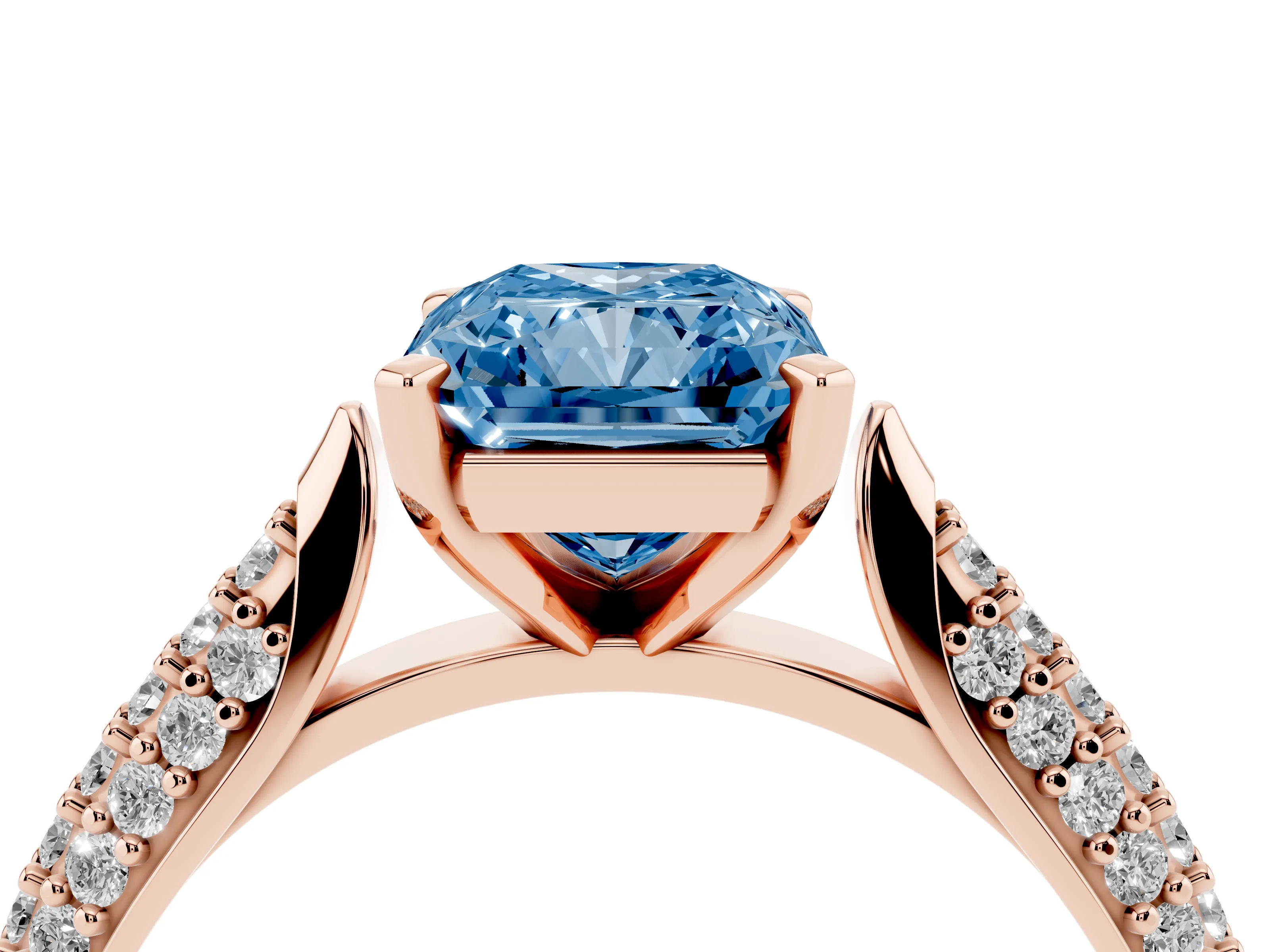 Fancy Blue Radiant Cut Diamond Solitaire Engagement Ring Set in Rose gold with Multi-Row Round Pavé Band and Prong Setting