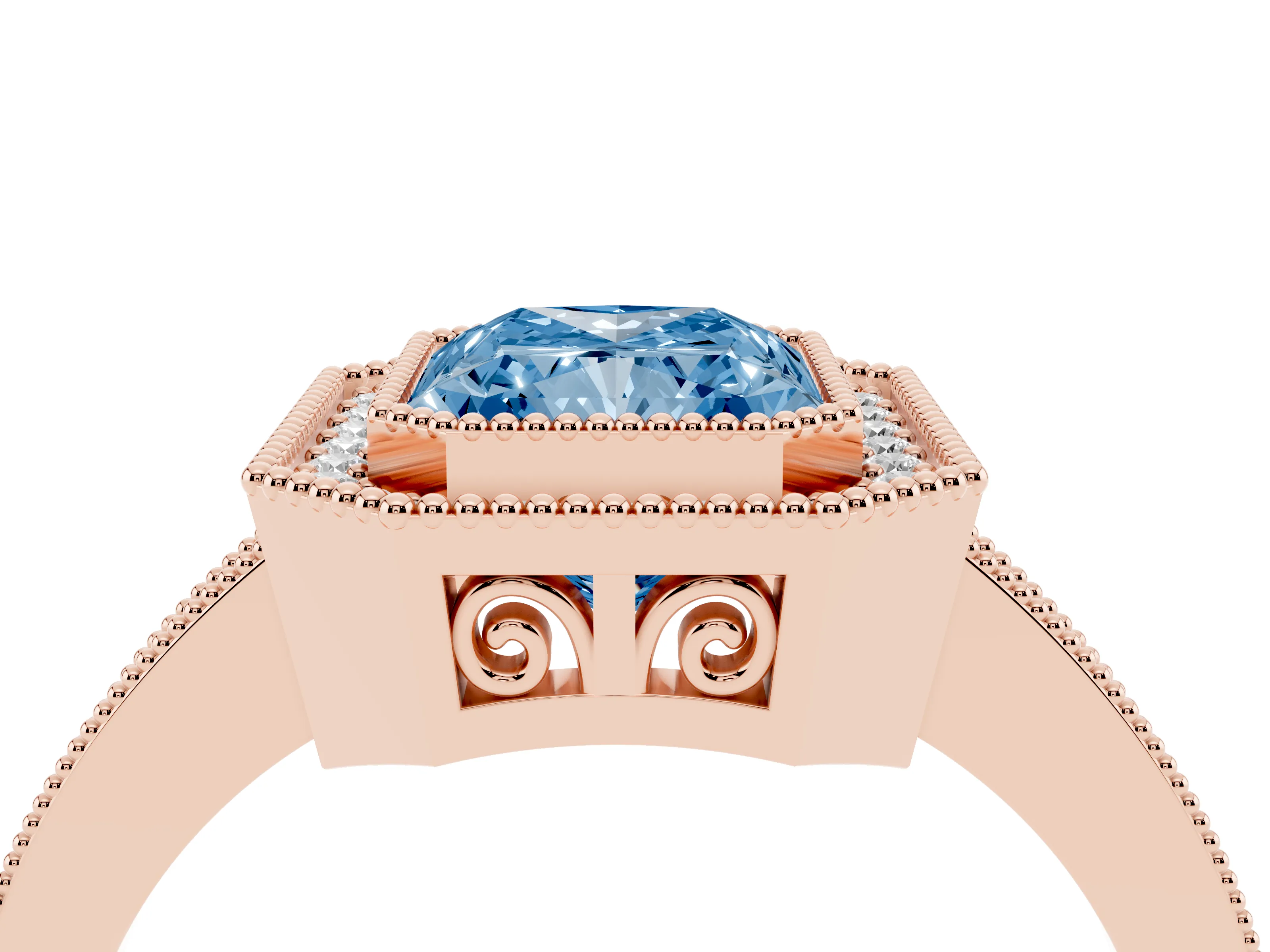 Fancy Blue Radiant Cut Diamond Round Halo Ring Set in Rose gold with Pavé Band