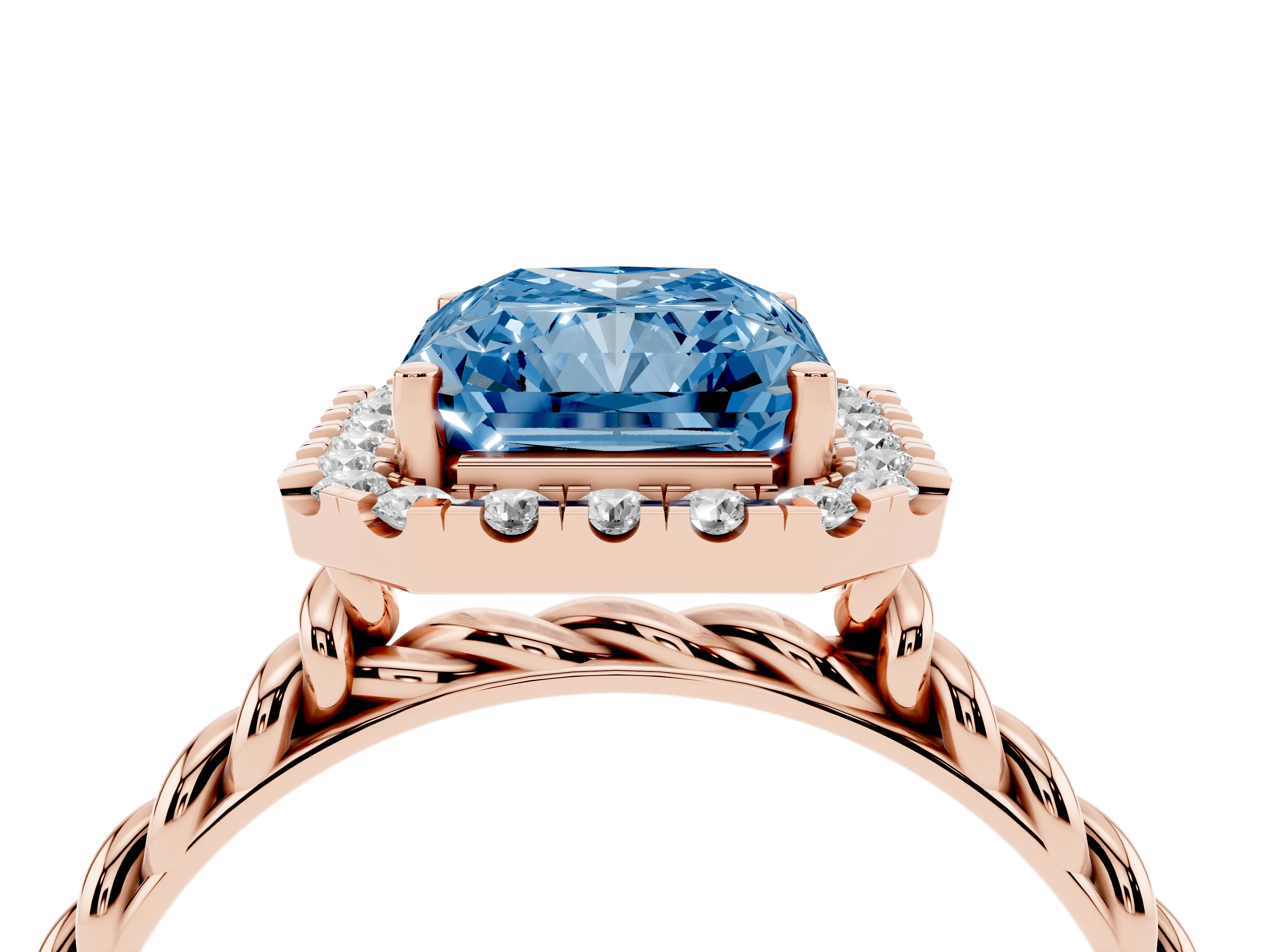 Fancy Blue Radiant Cut Diamond Halo Ring Set in Rose gold with Plain Twisted Band