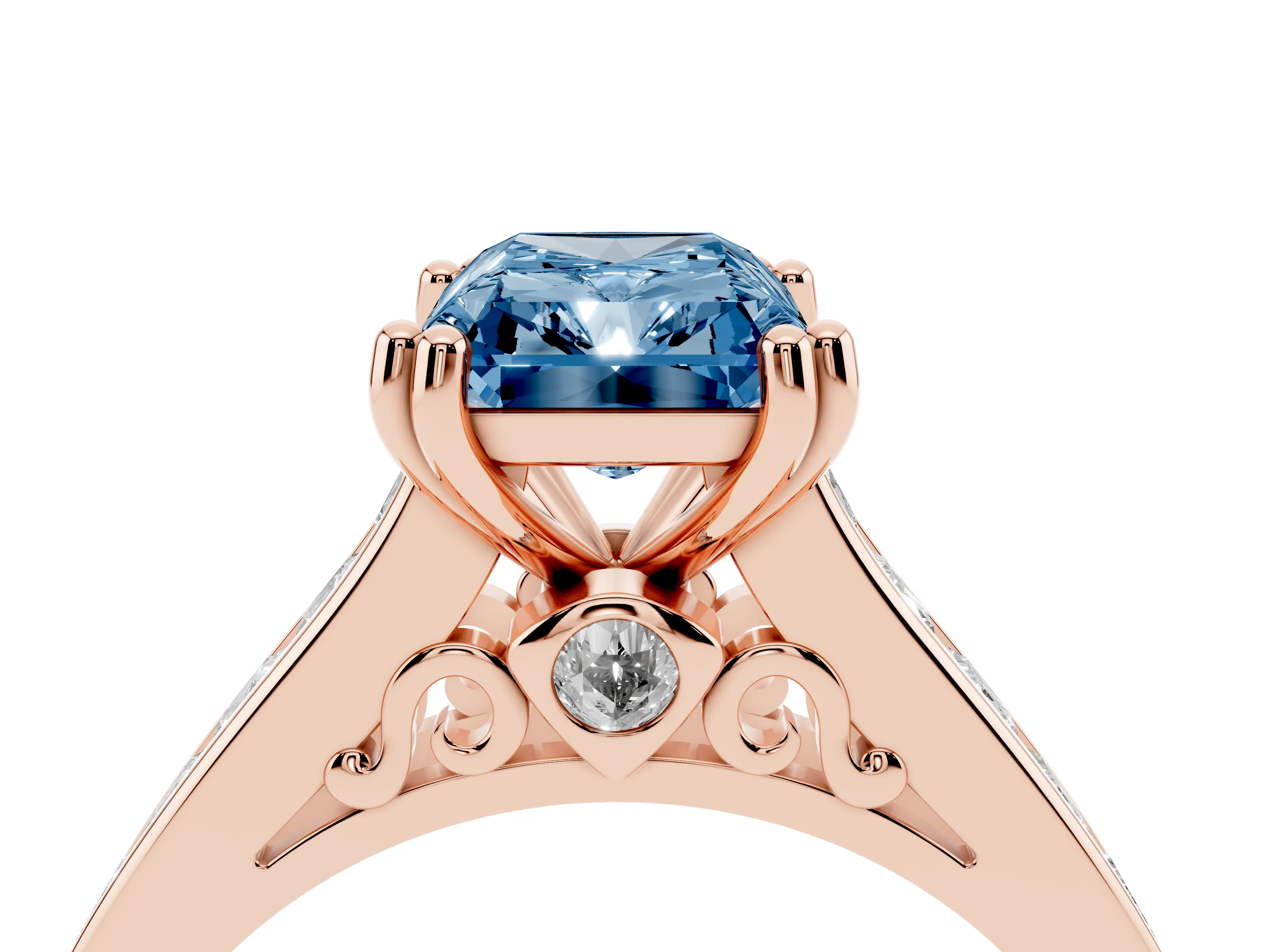 Fancy Blue Radiant Cut Diamond Channel Set Solitaire Engagement Ring Set in Rose gold with Prong Setting