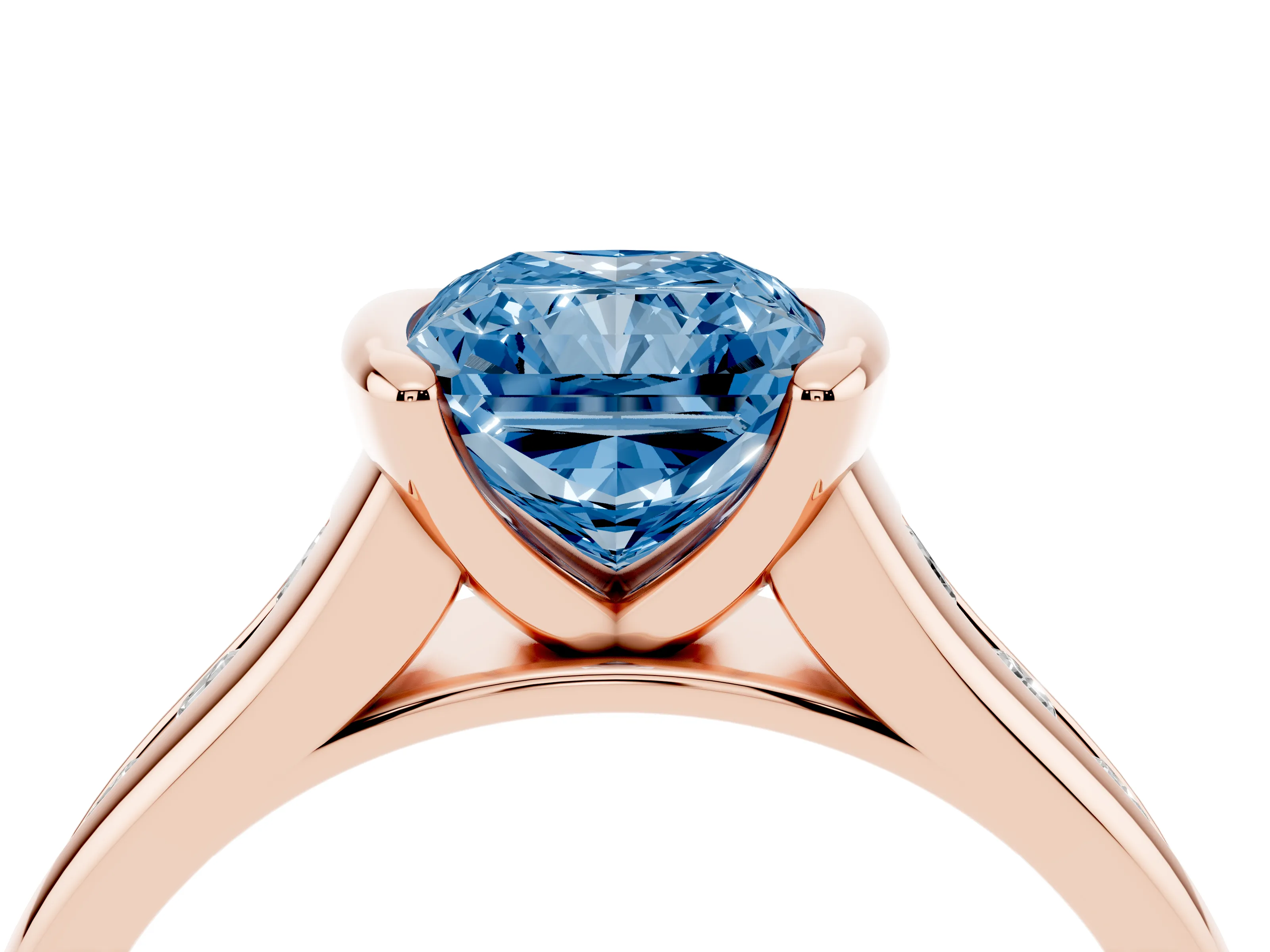 Fancy Blue Radiant Cut Diamond Bezel-Set Solitaire Ring Set in Rose gold with Channel-Set Band