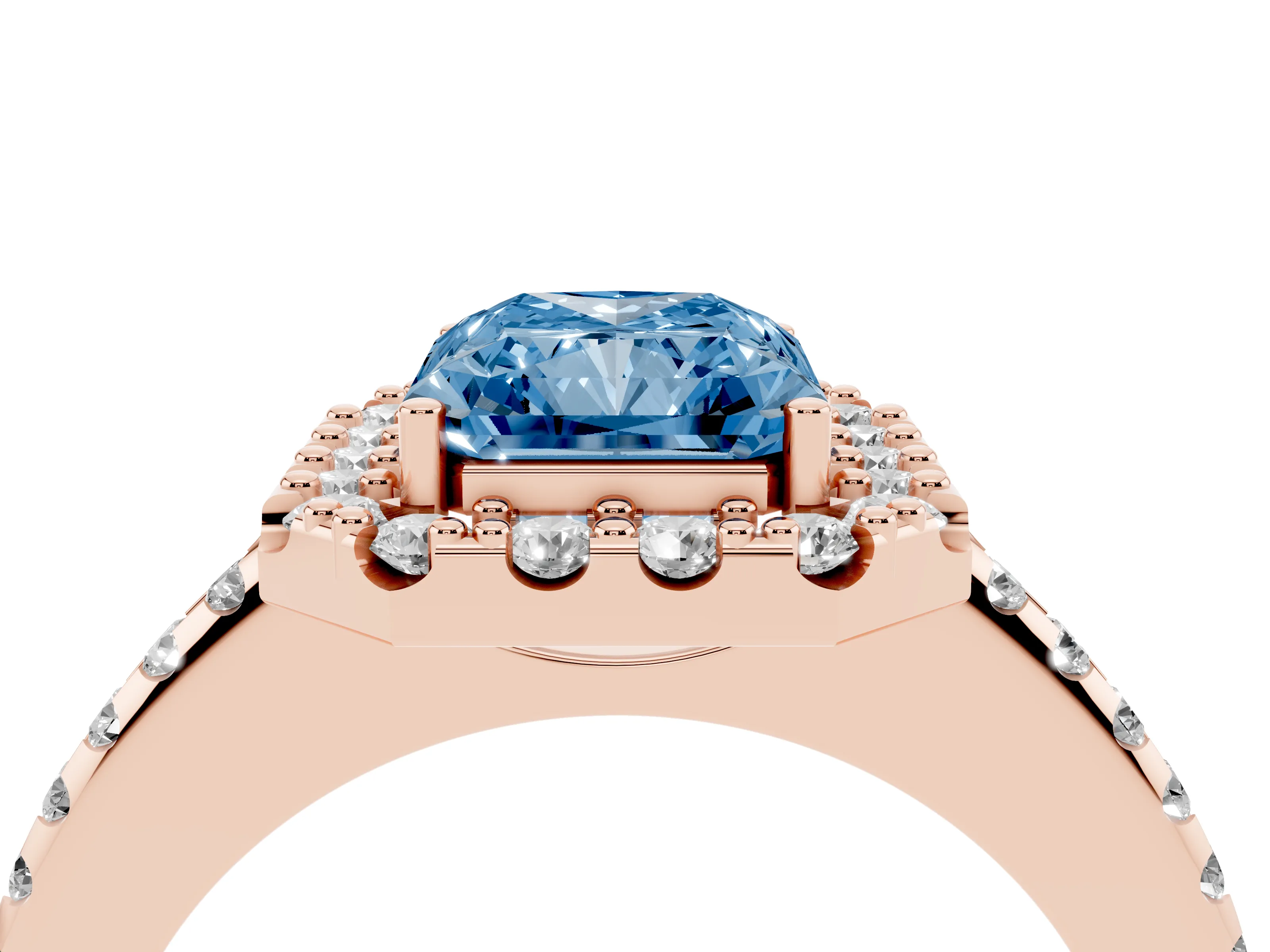 Fancy Blue Radiant Cut Diamond Pavé Halo Ring Set in Rose gold with Prong Setting