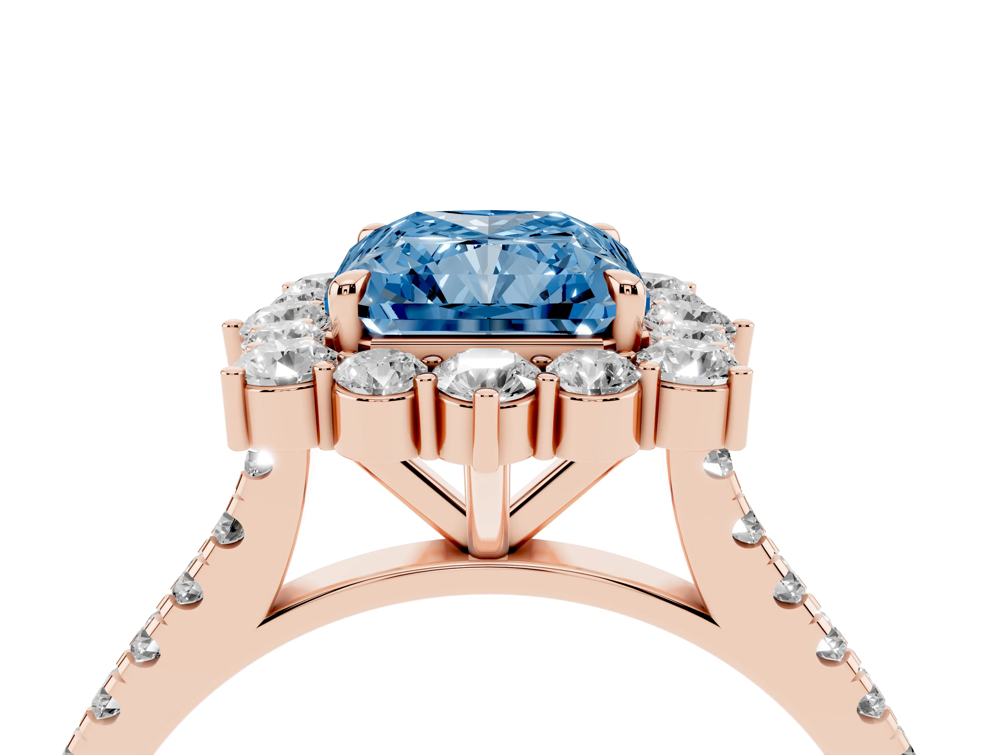 Fancy Blue Radiant Cut Diamond Halo Ring Set in Rose gold with Pavé Band and Prong Setting