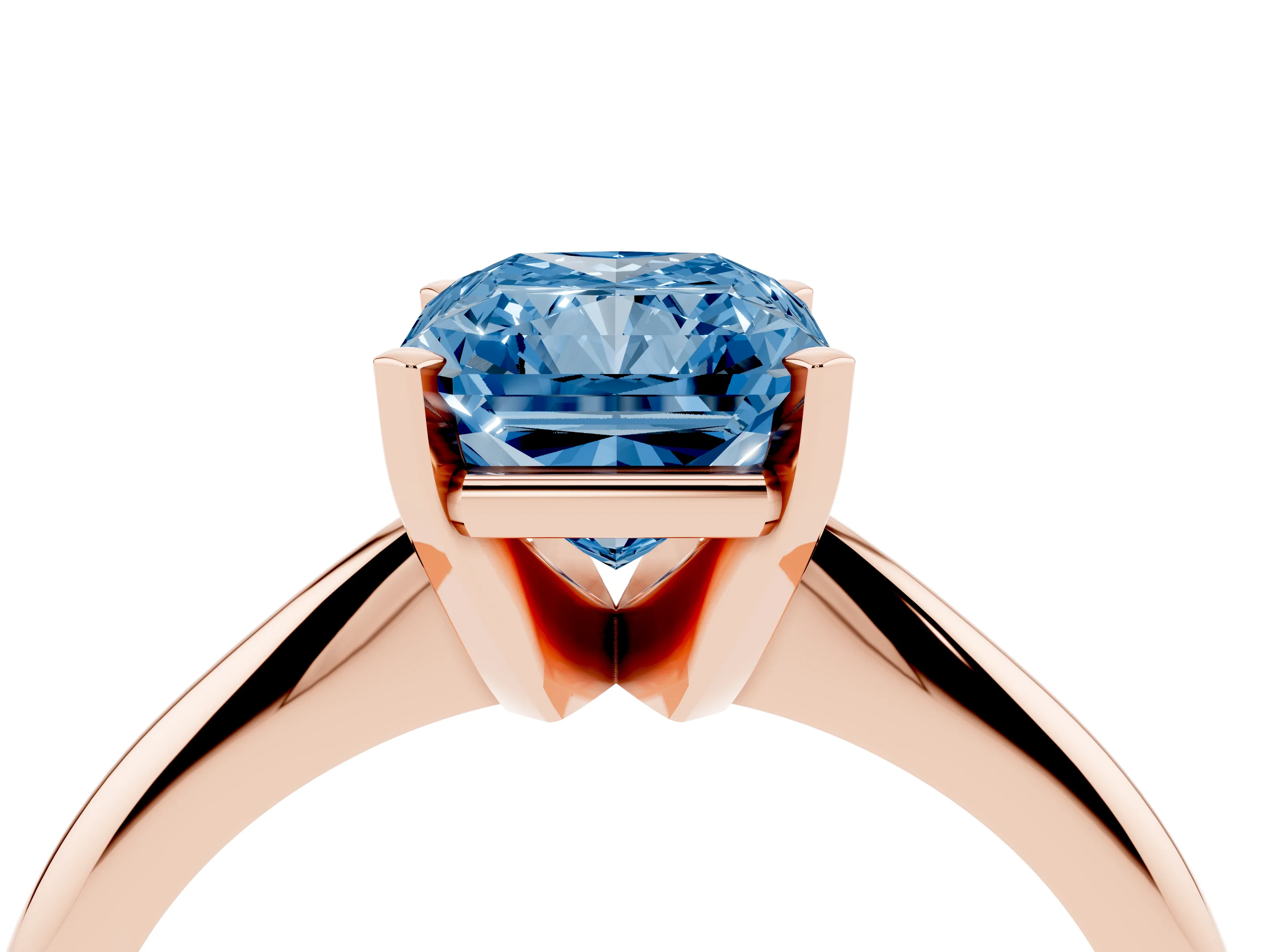 Fancy Blue Radiant Cut Diamond Solitaire Ring Set in Rose gold with Prong Setting on a Plain Round Band