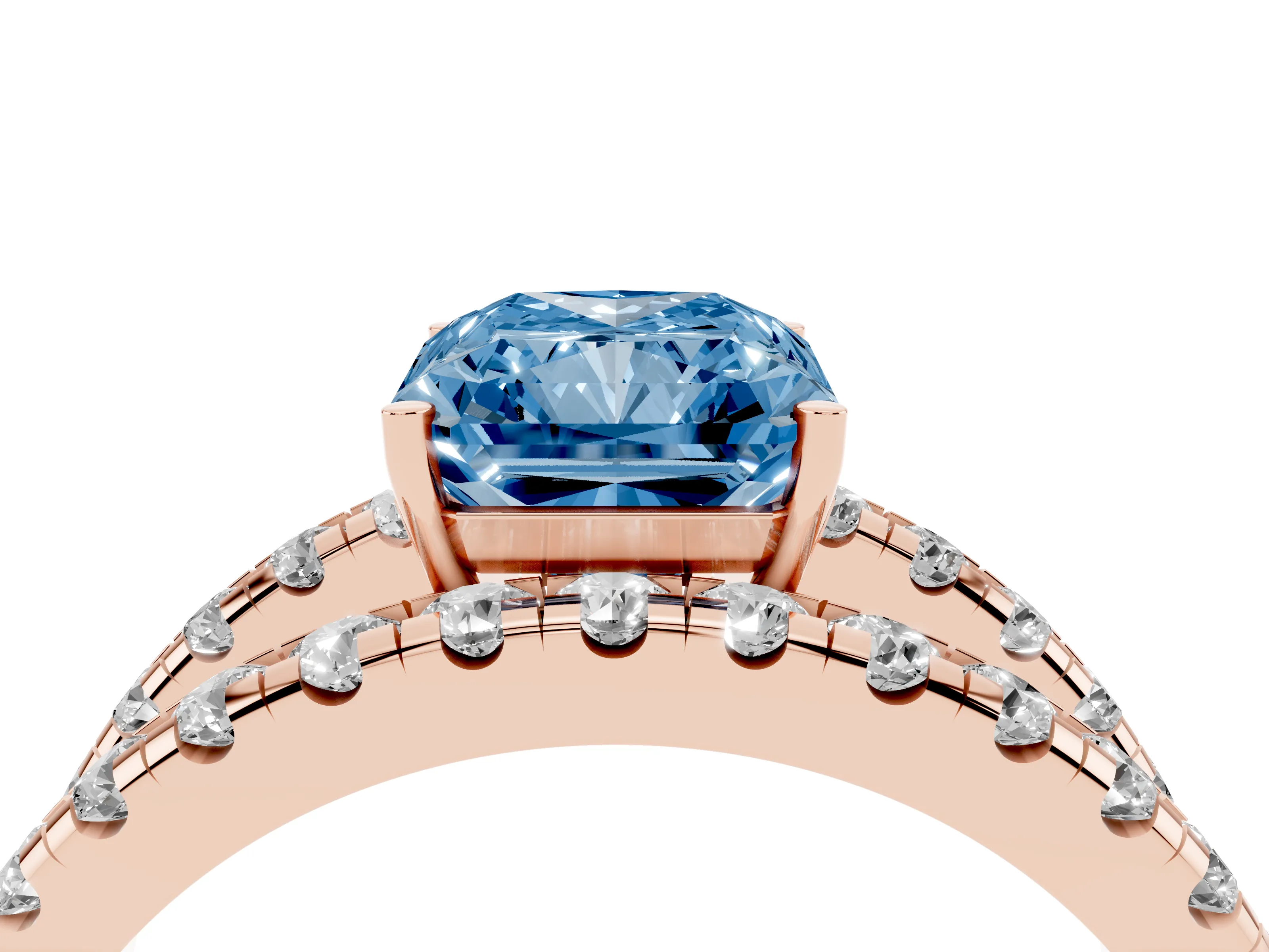 Fancy Blue Radiant Cut Diamond Split Shank Pavé Solitaire Ring Set in Rose gold with Open Shank Design