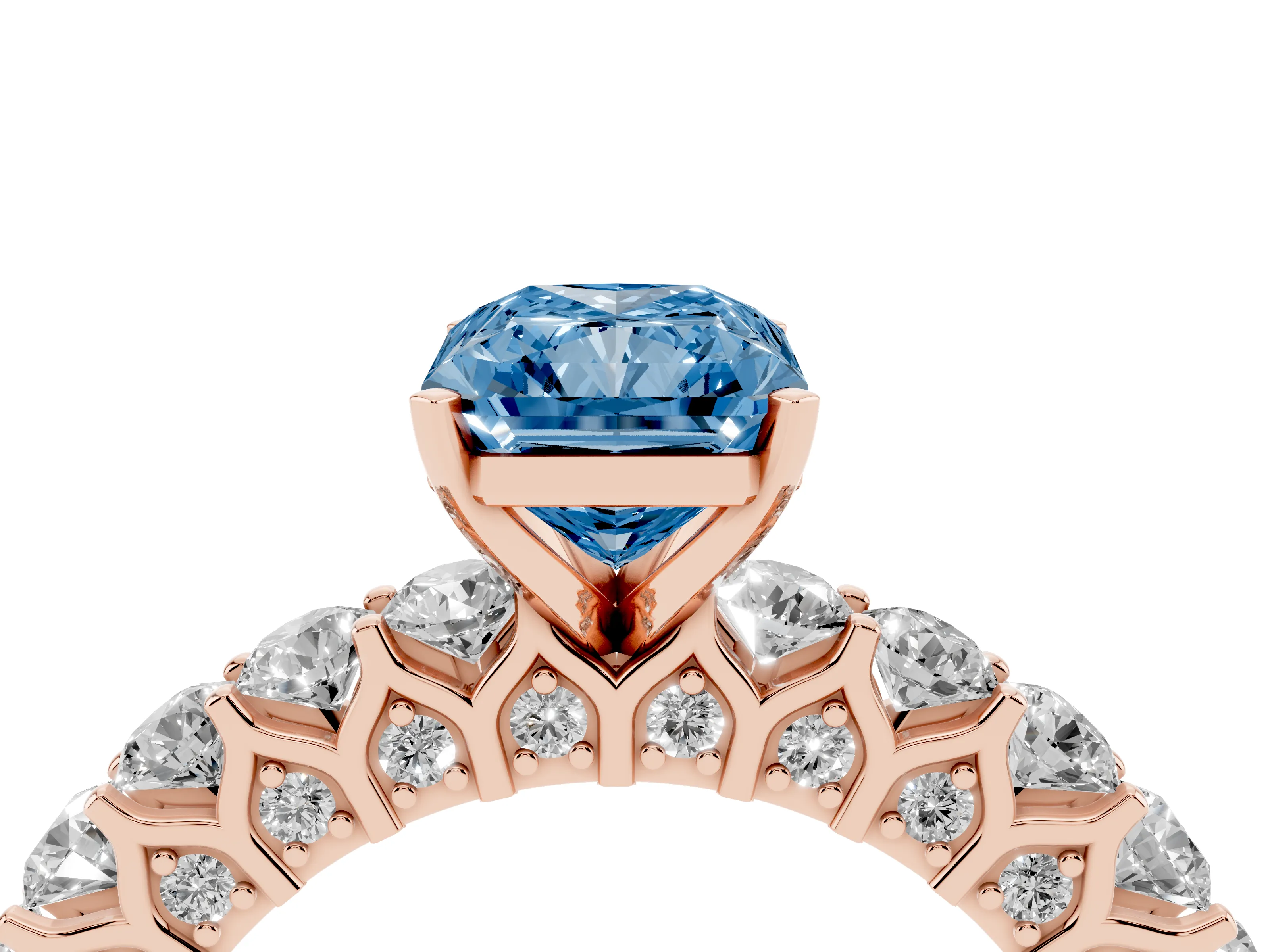 Fancy Blue Radiant Cut Diamond Solitaire Ring Set in Rose gold with Shared Prong Pavé Band