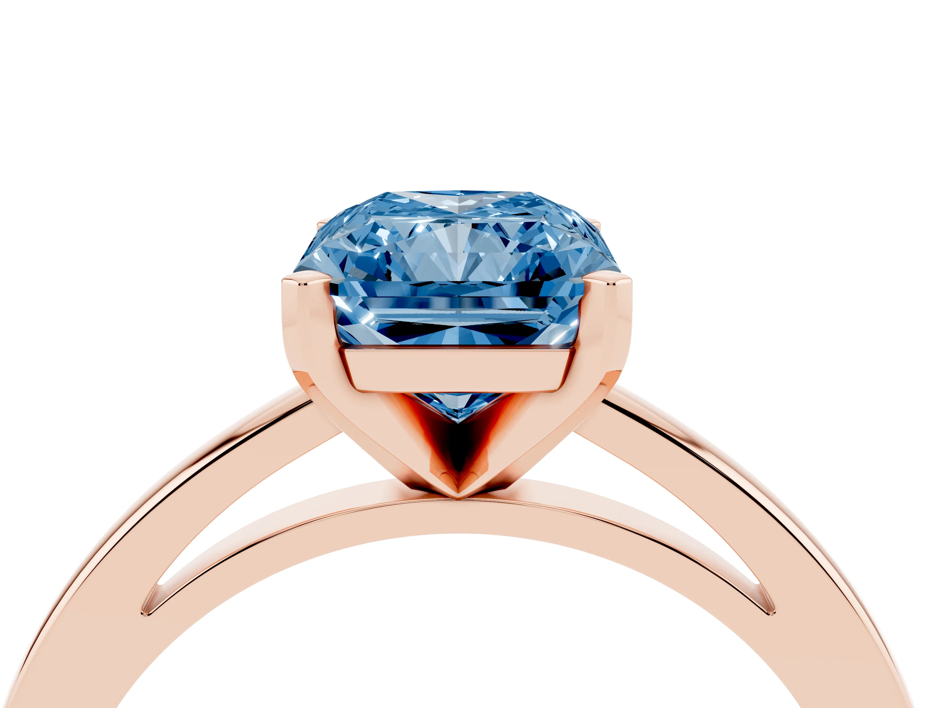 Fancy Blue Radiant Cut Diamond Solitaire Engagement Ring Set in Rose gold with Prong Setting on a Classic Band