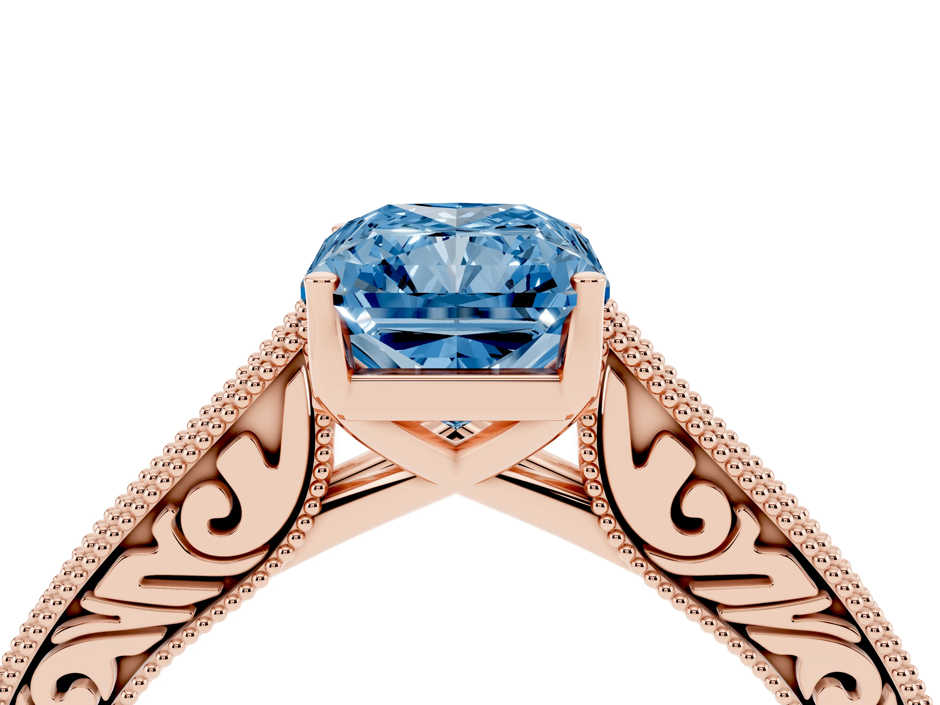 Fancy Blue Radiant Cut Diamond Milgrain Pavé Band Solitaire Ring Set in Rose gold with Prong Setting