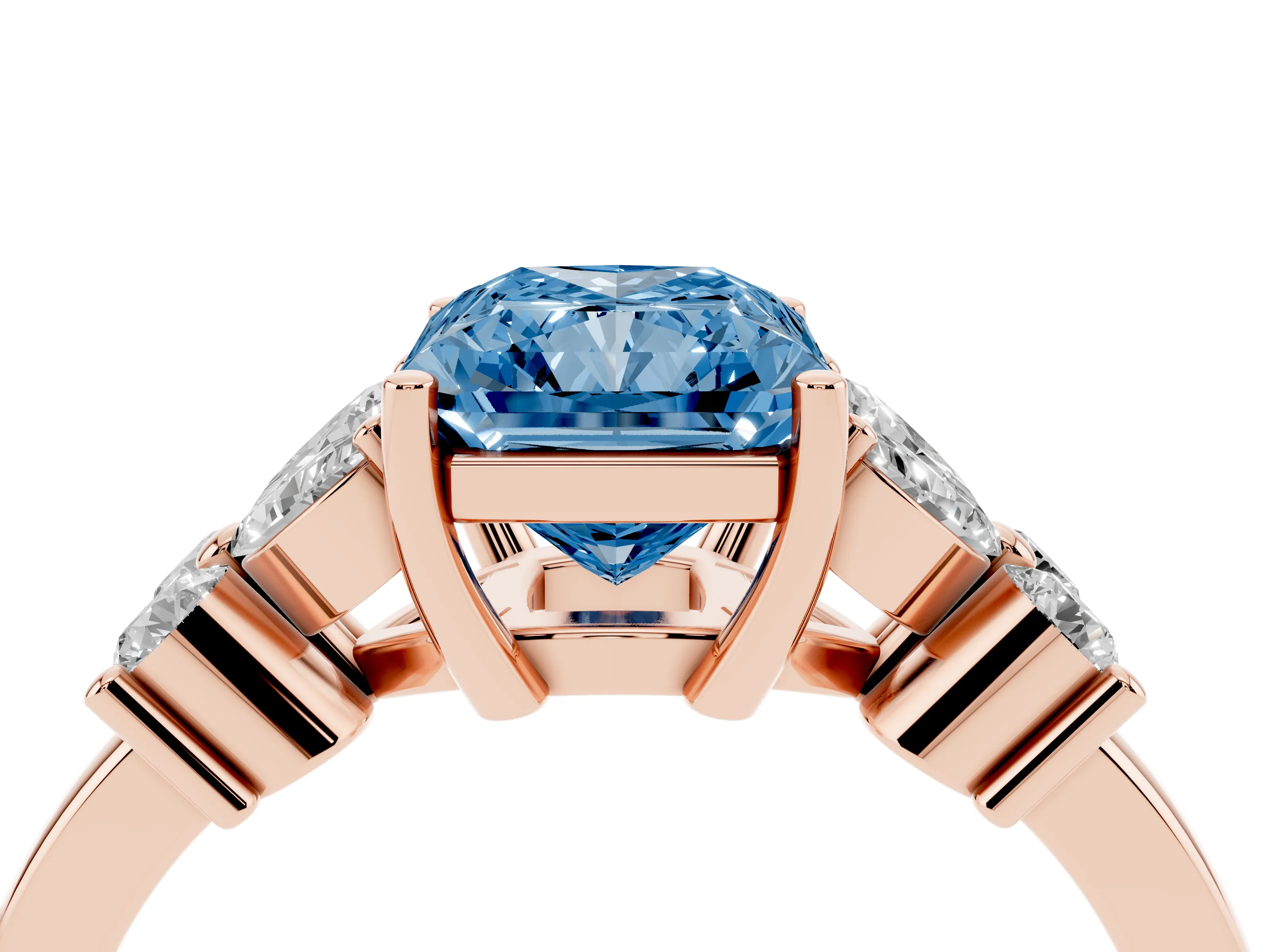 Fancy Blue Radiant Cut Diamond Floral Cluster Ring Set in Rose gold with Marquise Petals and Prong Setting