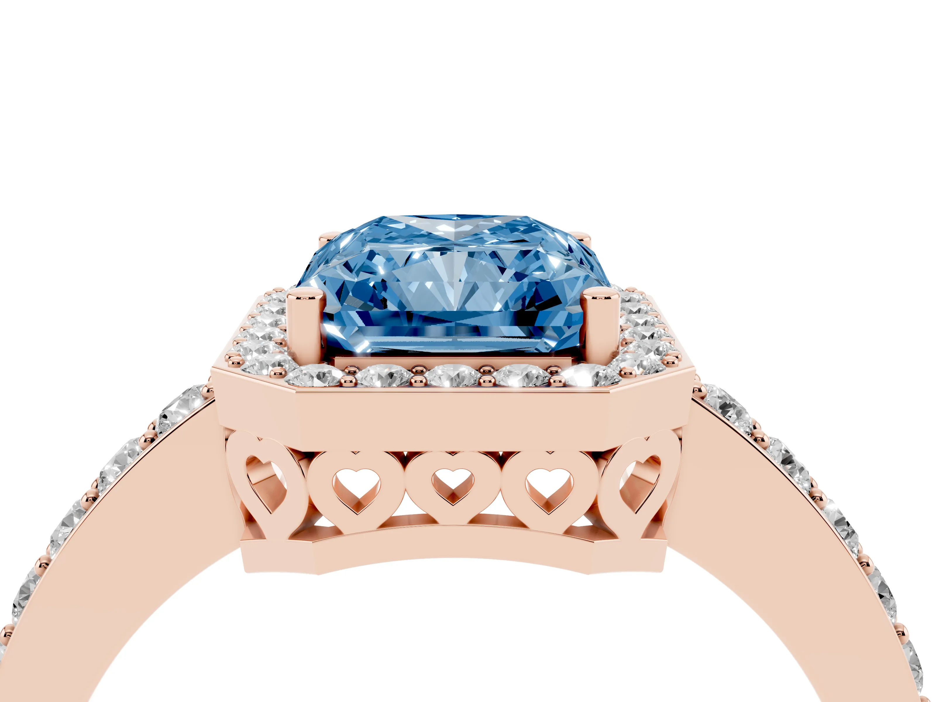 Fancy Blue Radiant Cut Diamond Halo Ring Set in Rose gold with Pavé-Setting Band and Open Prong Center