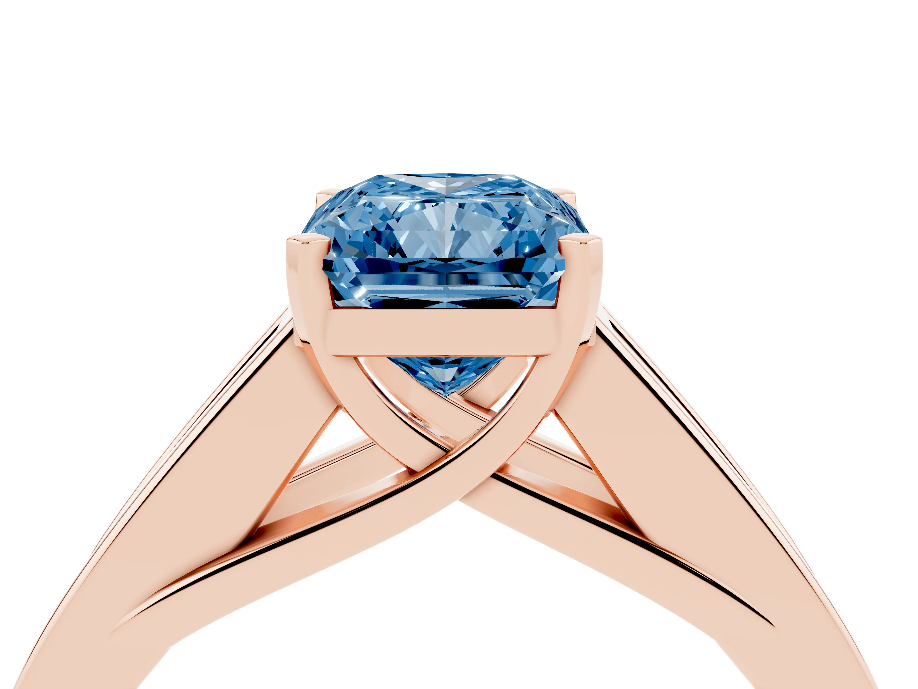 Fancy Blue Radiant Cut Diamond Solitaire Ring Set in Rose gold with Channel-Set Accent Stones and Prong Setting