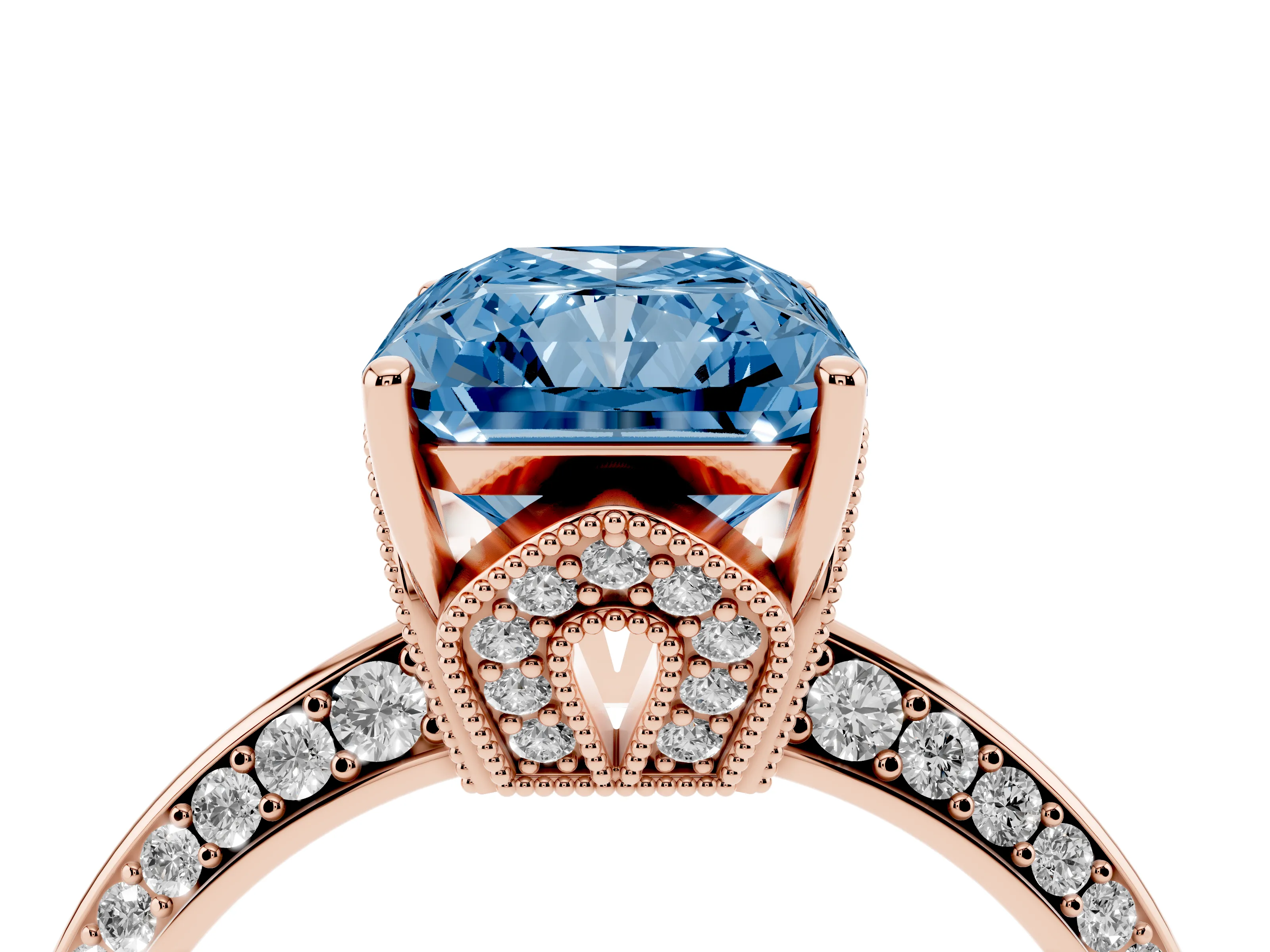 Fancy Blue Radiant Cut Diamond Solitaire Engagement Ring Set in Rose gold with Pavé Split Shank and Prong Setting