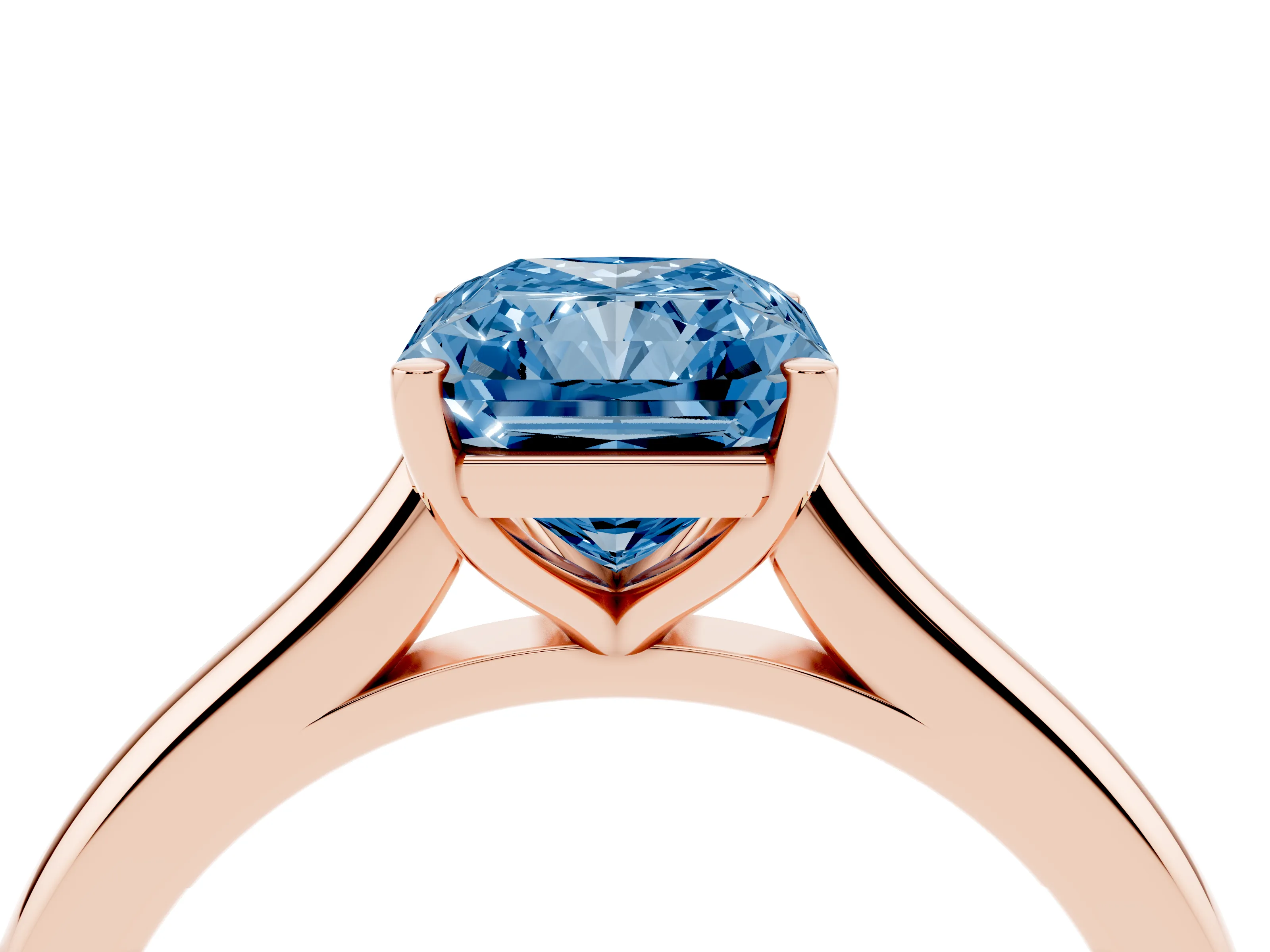 Fancy Blue Radiant Cut Diamond Solitaire Ring Set in Rose gold with Cathedral Band and Prong Setting