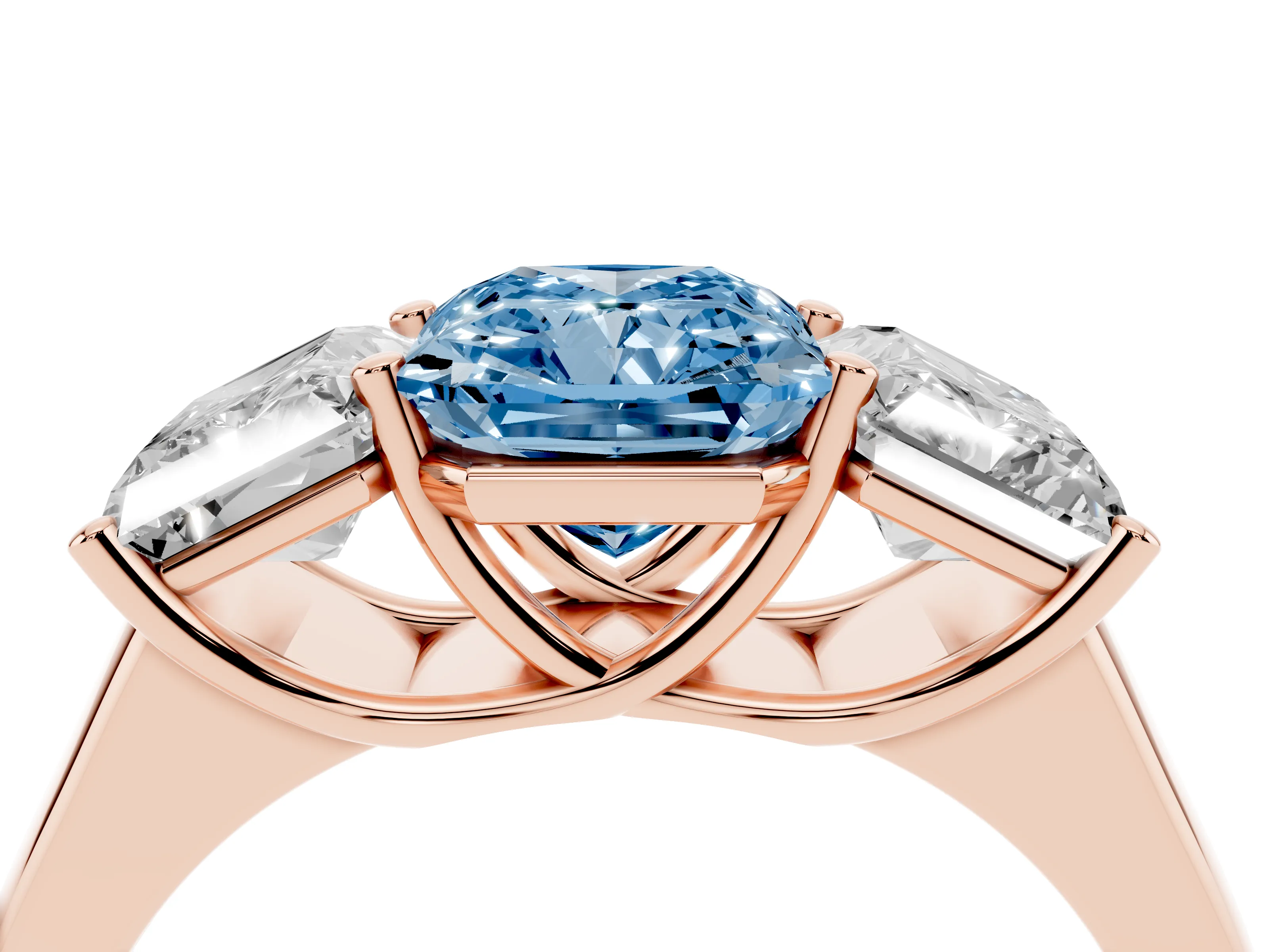 Fancy Blue Radiant Cut Diamond Three-Stone Ring Set in Rose gold with Plain Polished Band