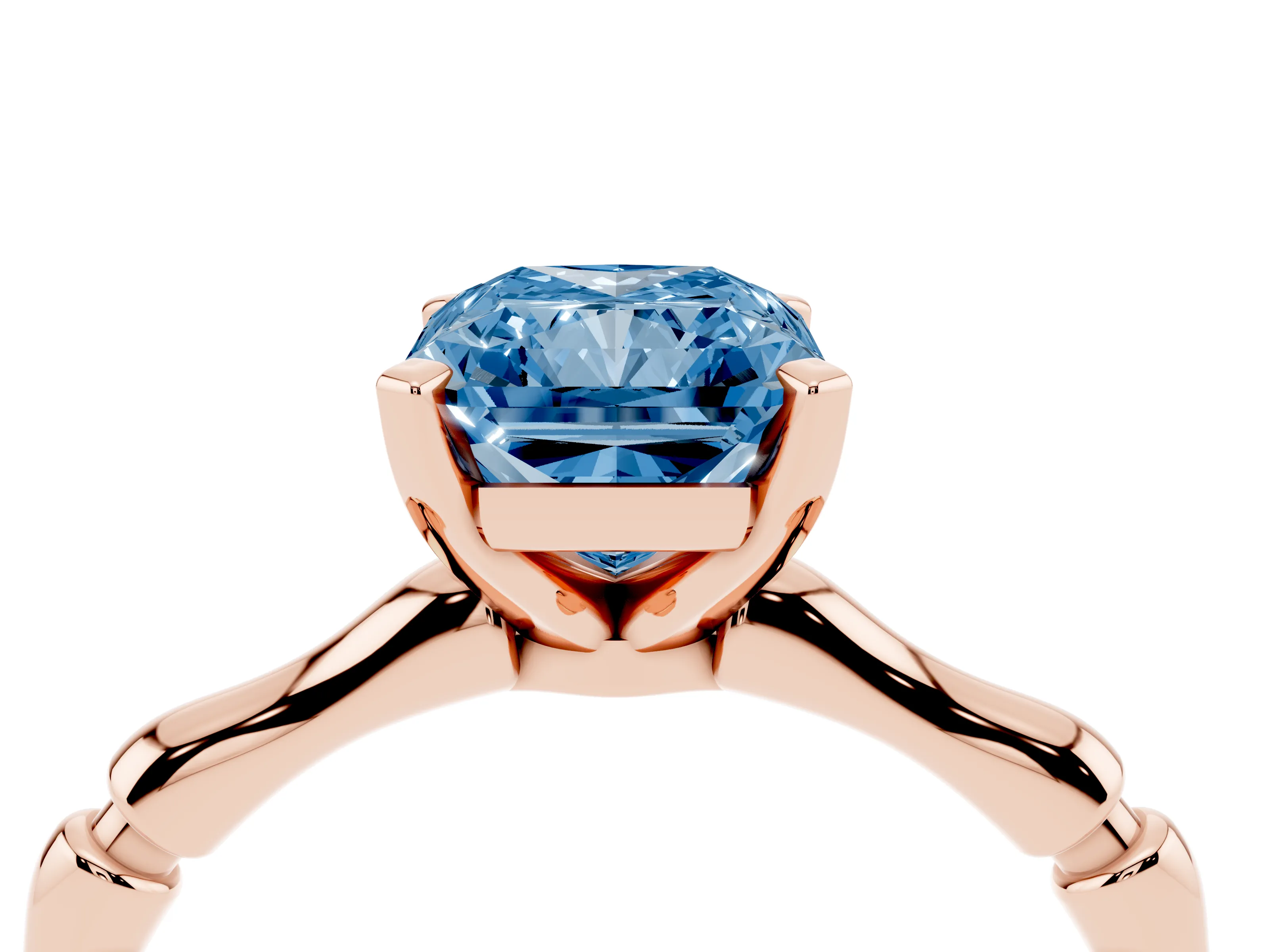 Fancy Blue Radiant Cut Diamond Solitaire Ring Set in Rose gold with Bamboo Band and Prong Setting