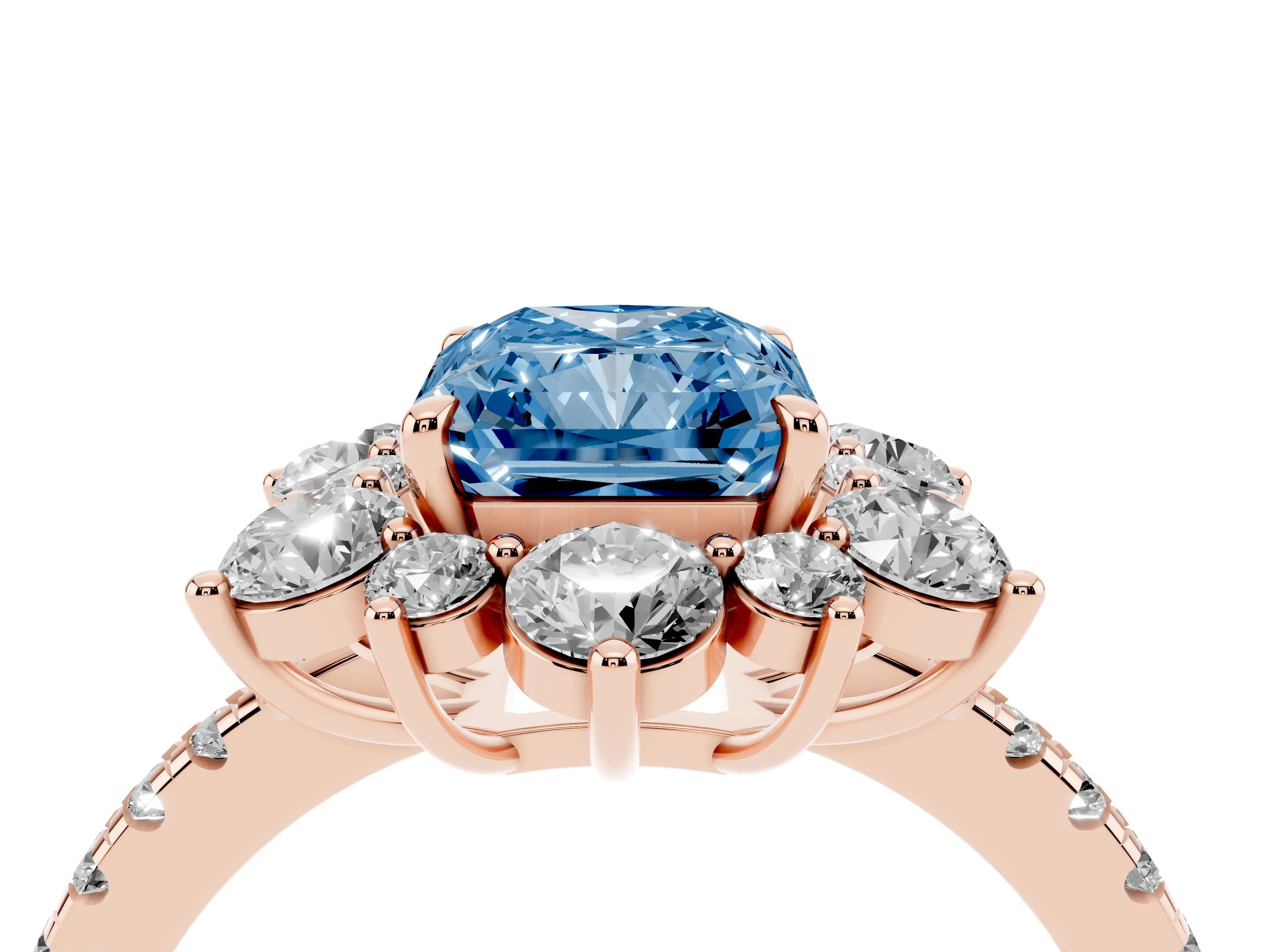 Fancy Blue Radiant Cut Diamond Floral Halo Ring Set in Rose gold with Round Pavé Band and Prong Setting