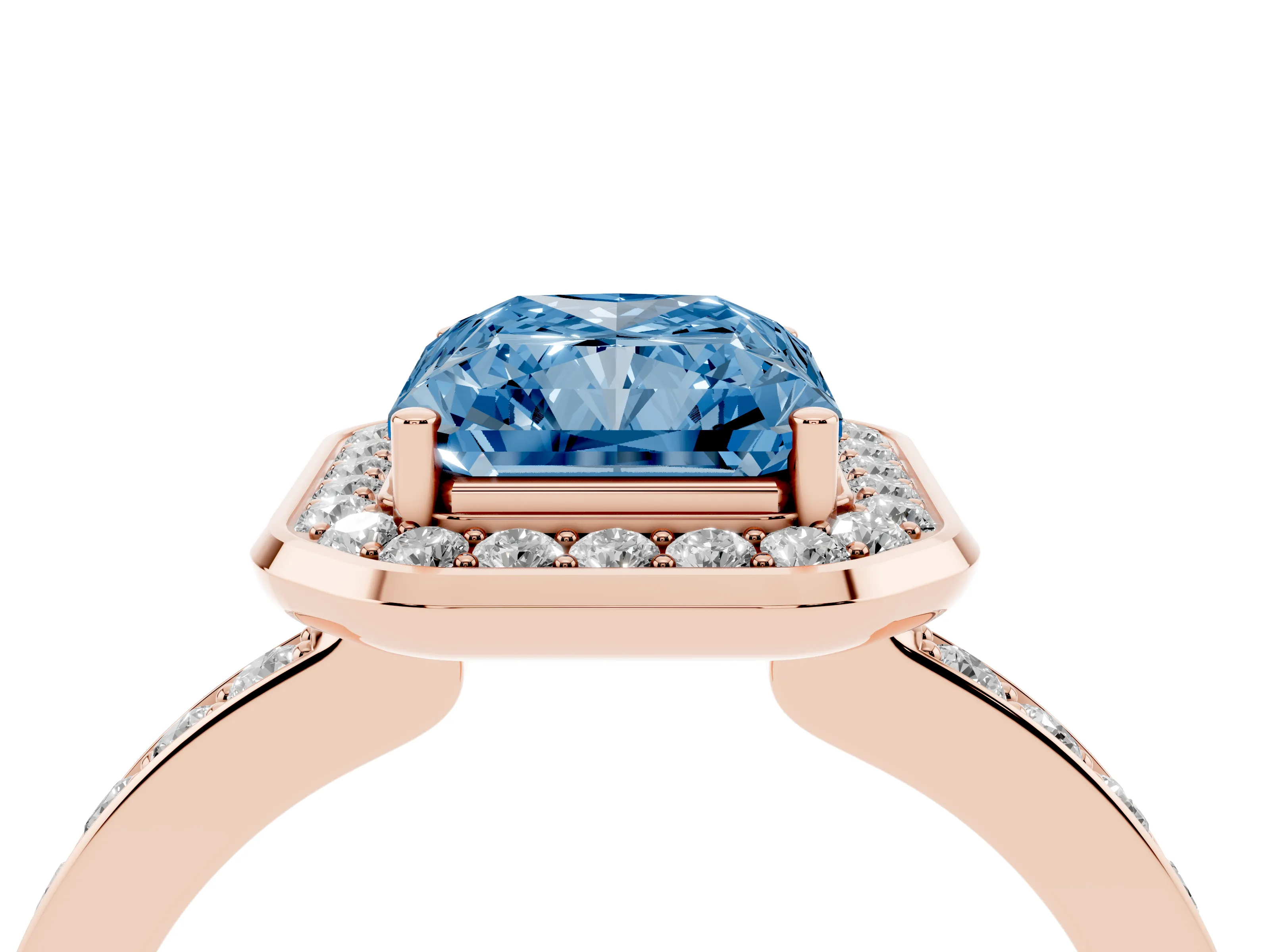 Fancy Blue Radiant Cut Diamond Halo Ring Set in Rose gold with Bezel Frame and Pavé Band