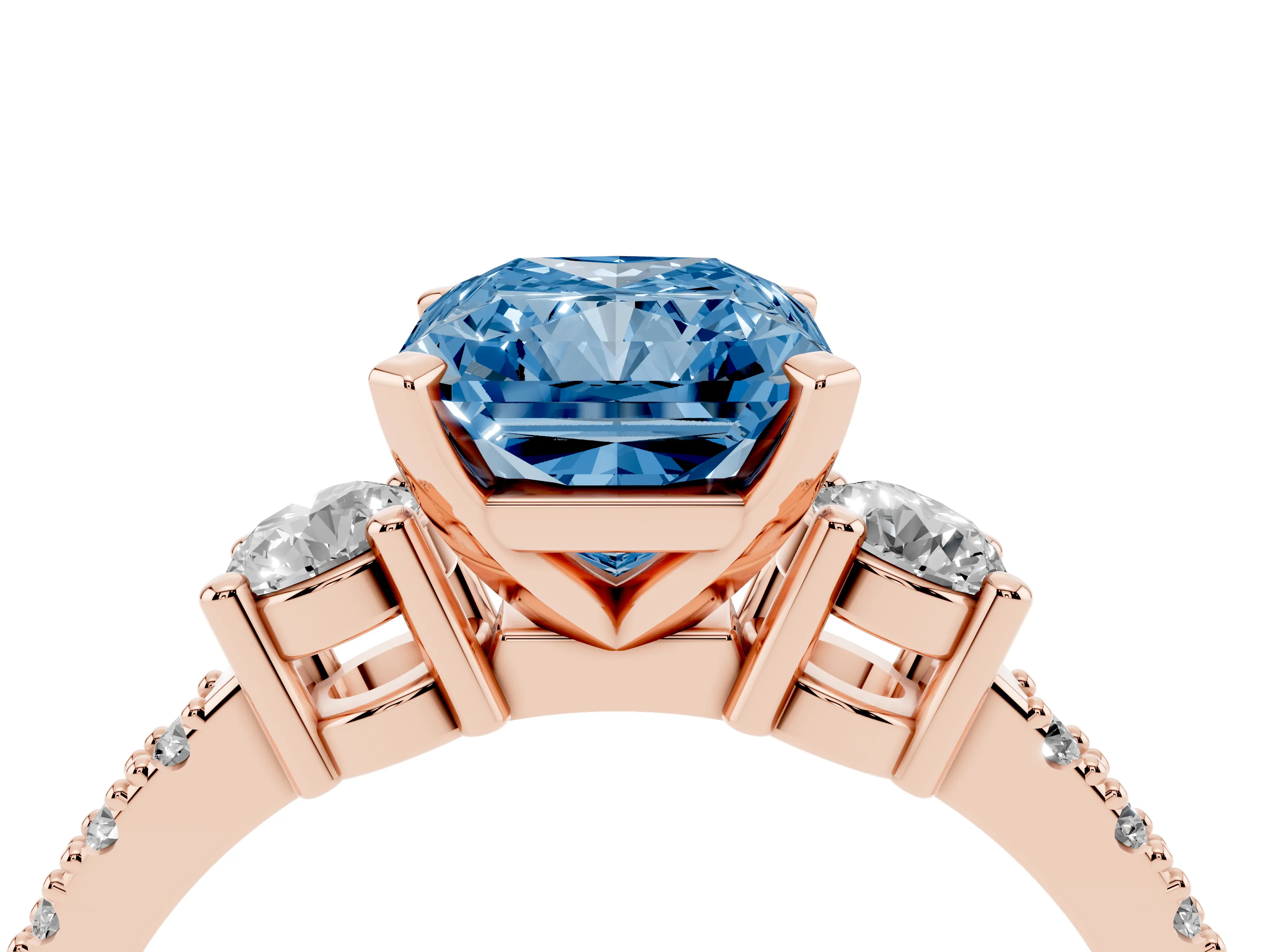 Fancy Blue Three-Stone Radiant Cut Diamond Pavé Band Ring Set in Rose gold with Prong Setting