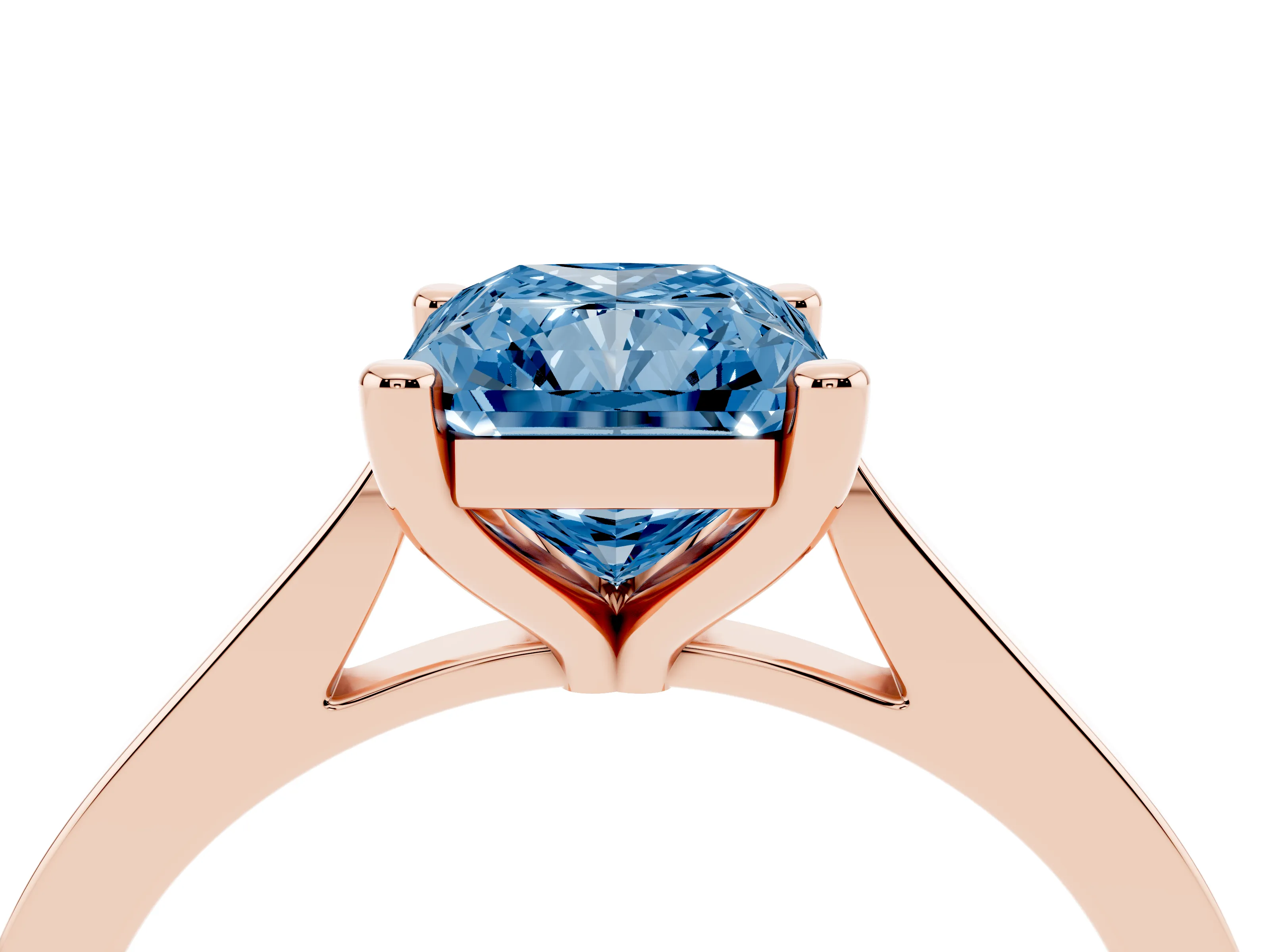 Fancy Blue Radiant Cut Diamond Solitaire Ring Set in Rose gold with Prong Setting and Tapered Band