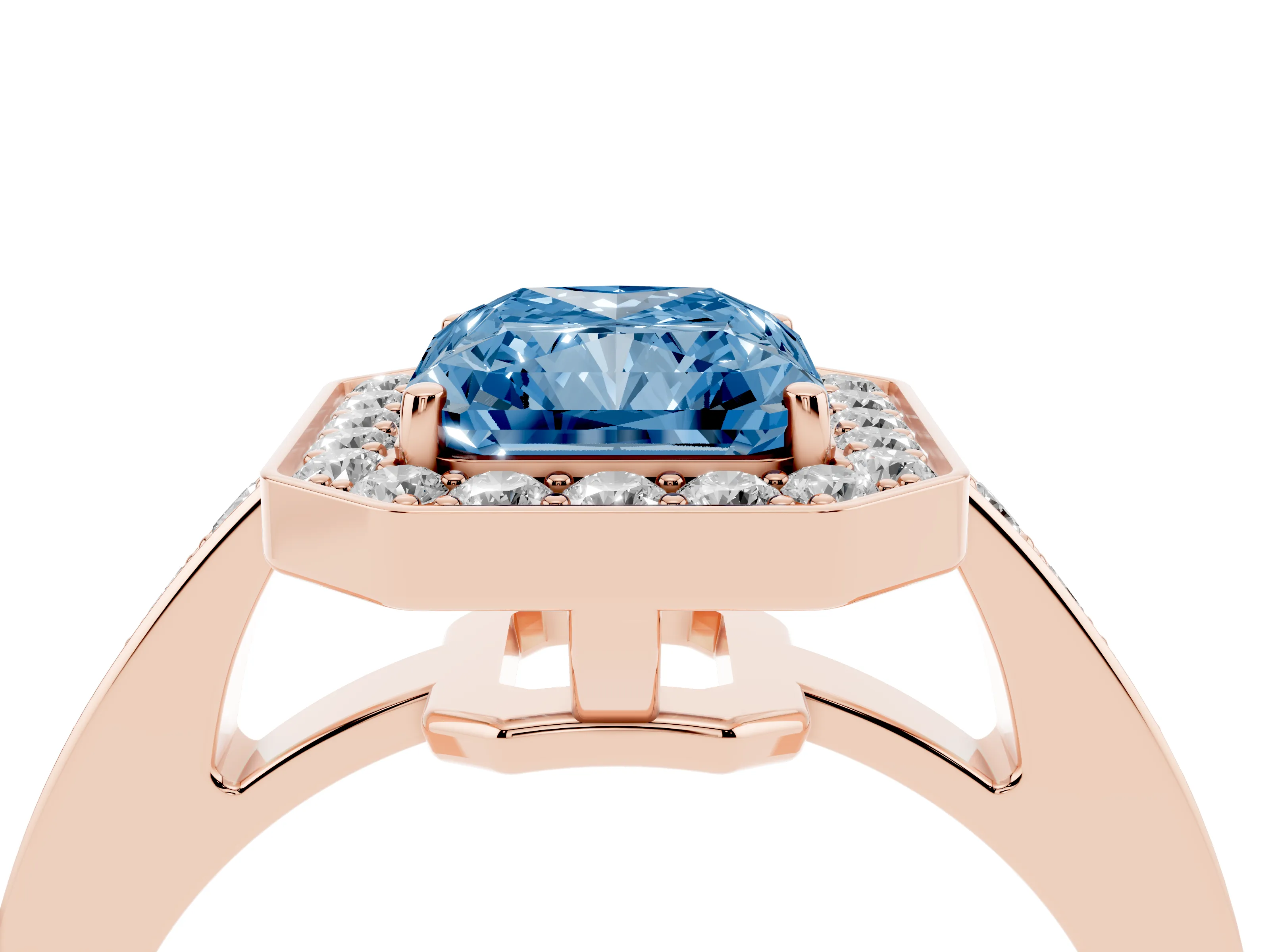 Fancy Blue Radiant Cut Diamond Halo Pavé Engagement Ring Set in Rose gold with Bezel Setting