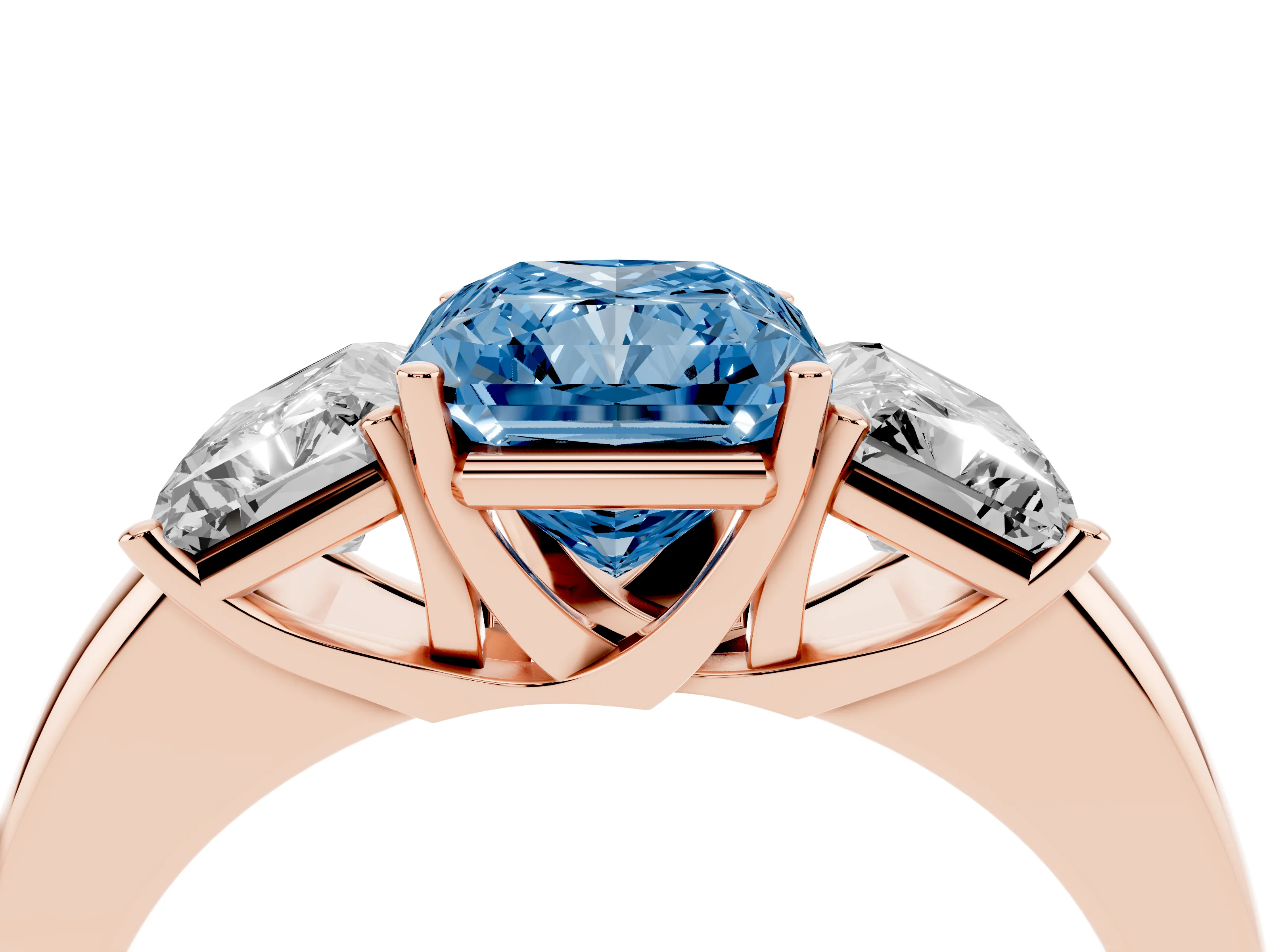 Fancy Blue Radiant Cut Diamond Three-Stone Ring Set in Rose gold with Bold Center and Classic Band