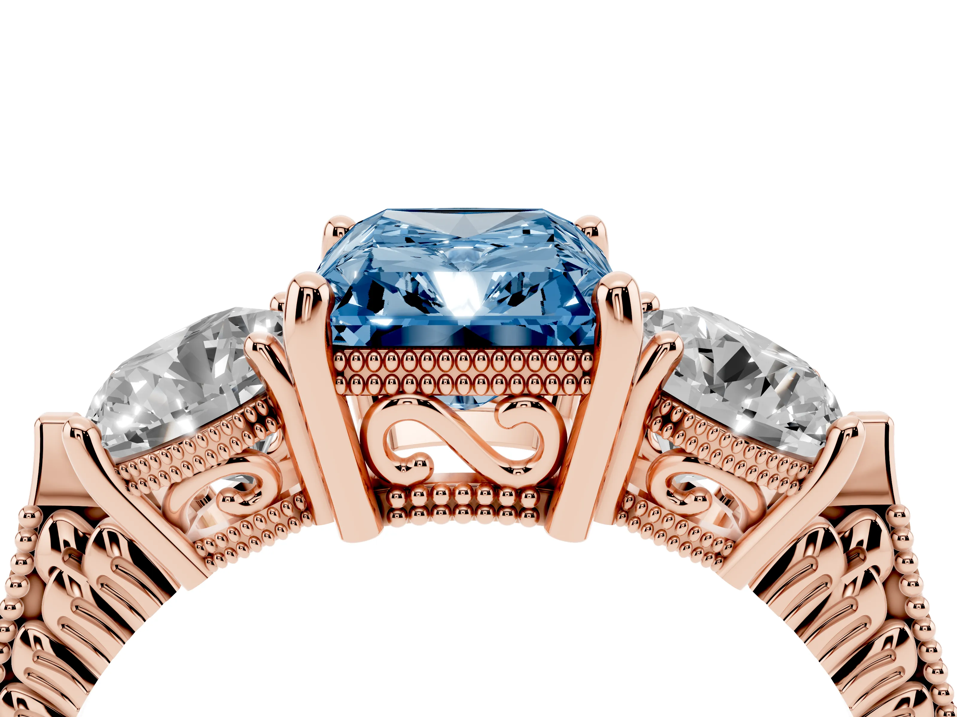 Fancy Blue Radiant Cut Diamond Three-Stone Ring Set in Rose gold with Milgrain Band