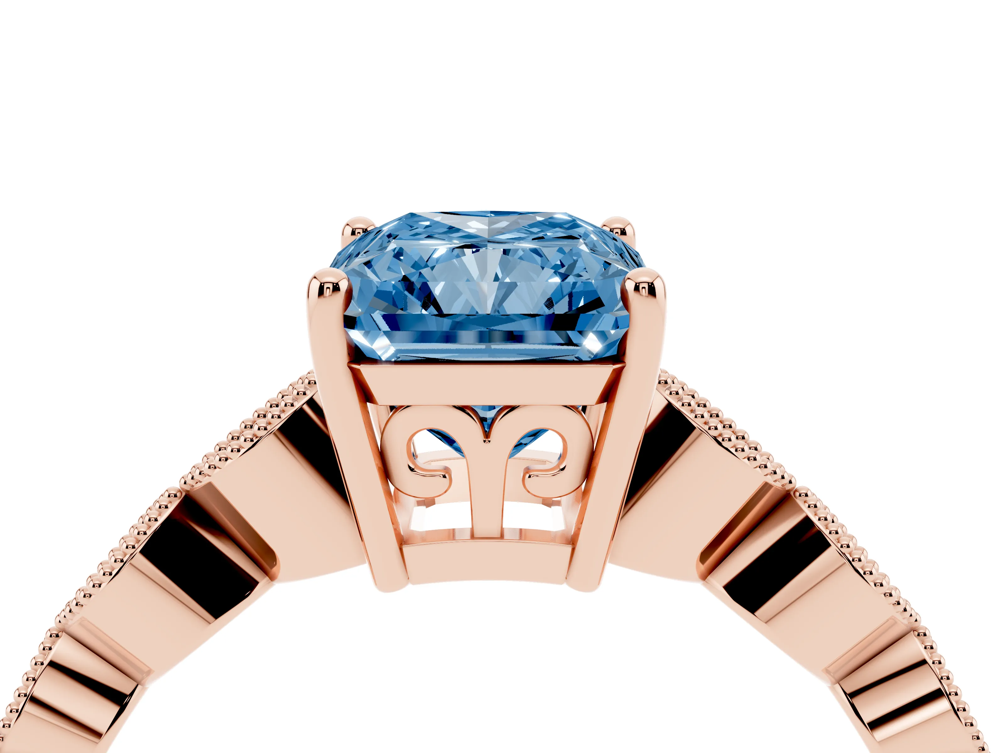 Fancy Blue Radiant Cut Diamond Solitaire Ring Set in Rose gold with Infinity Twist Pavé Band