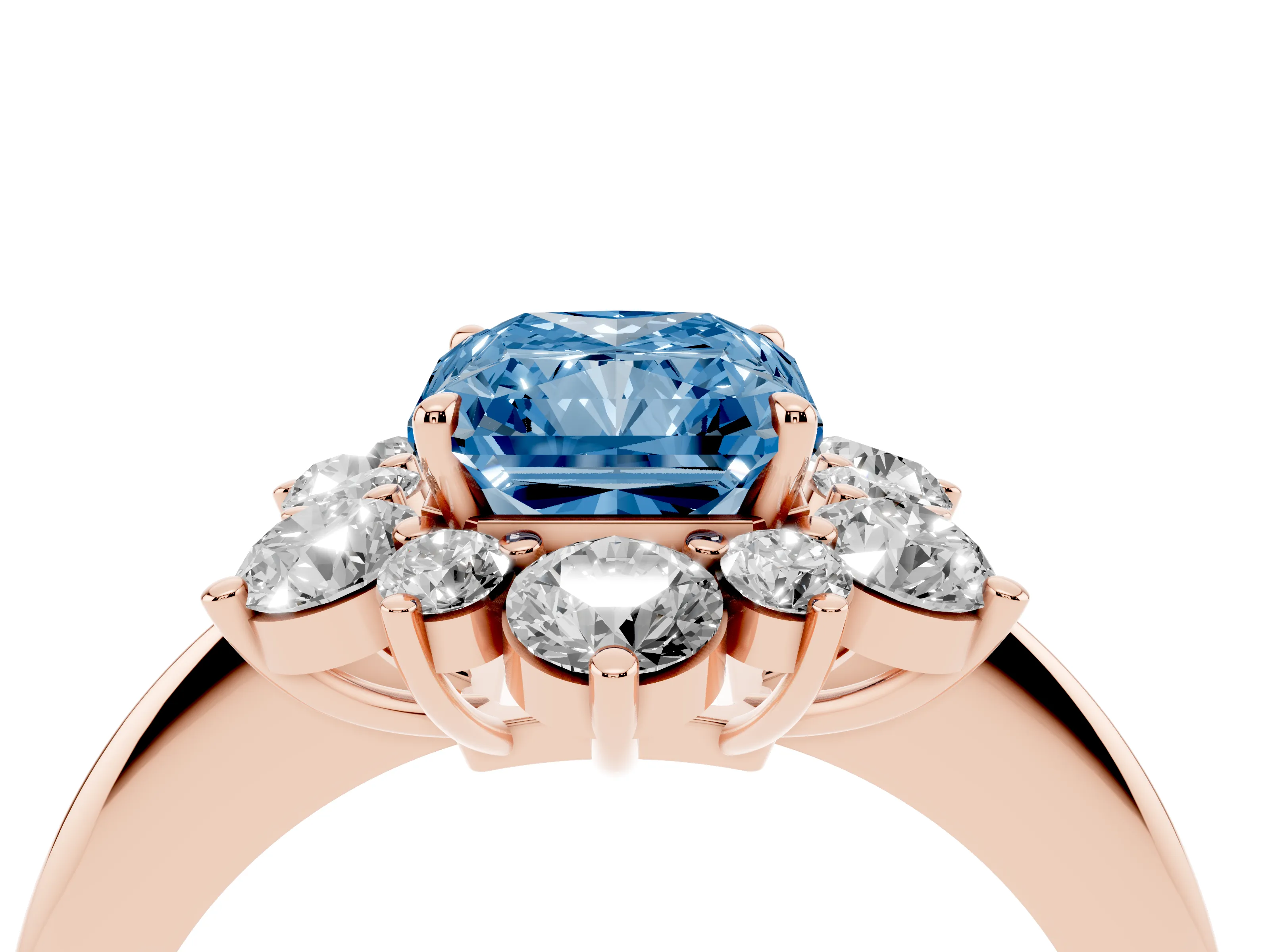Fancy Blue Radiant Cut Diamond Cluster Halo Ring Set in Rose gold with Solitaire Band and Prong Setting