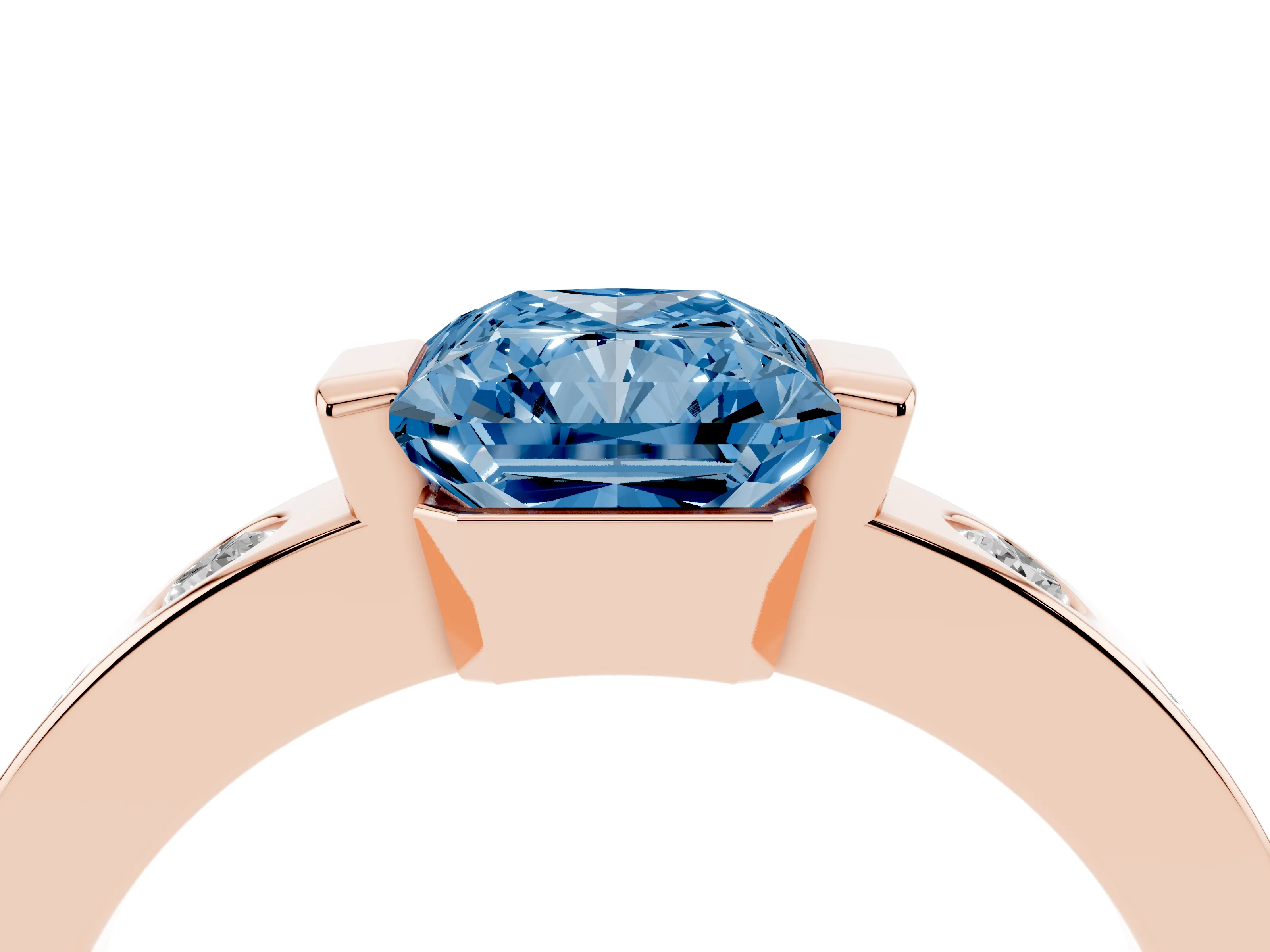 Fancy Blue Radiant Cut Diamond Channel-Set Band Ring Set in Rose gold with Bezel Prong Setting