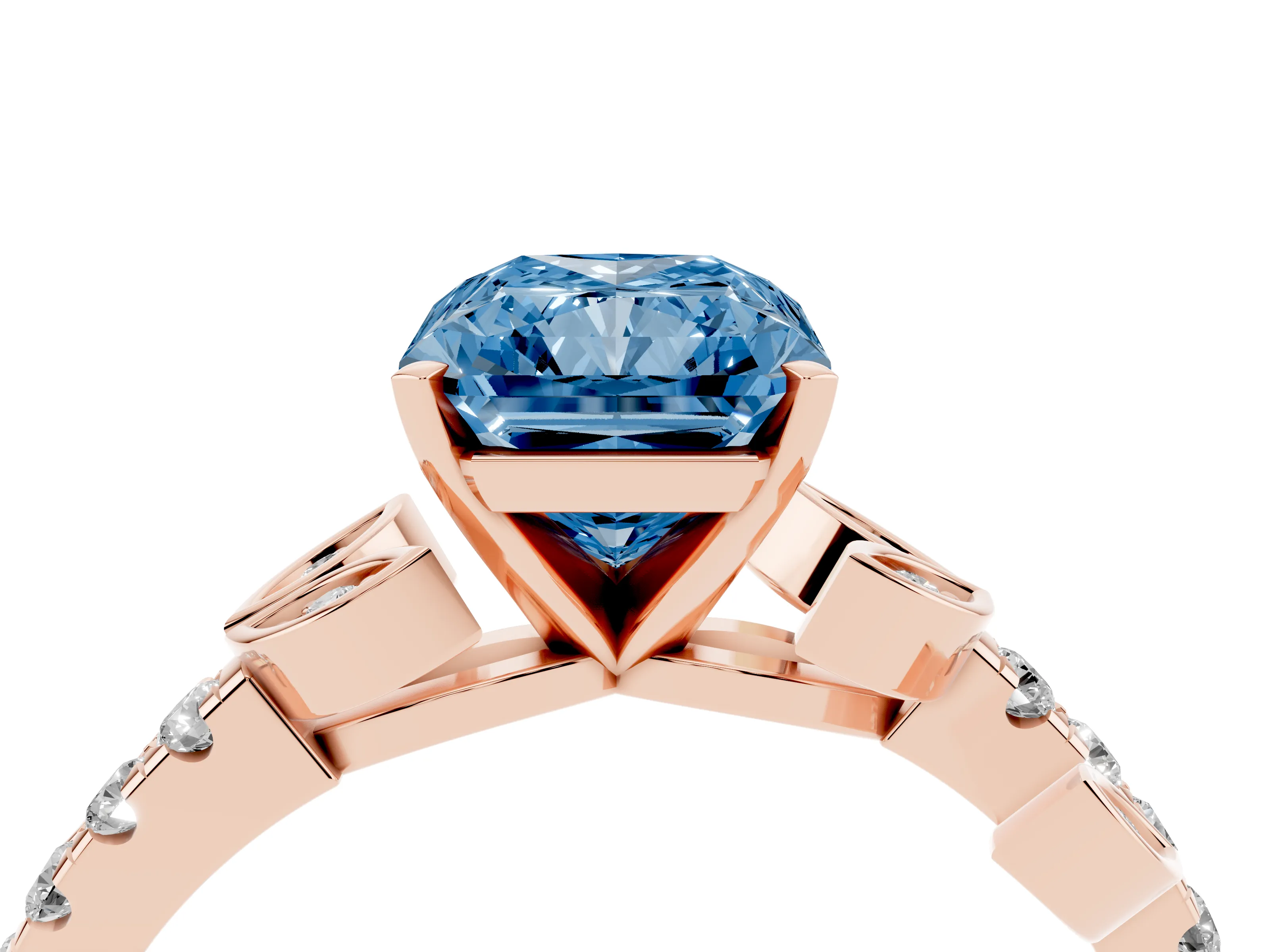 Fancy Blue Radiant Cut Diamond Solitaire Leaf-Inspired Ring Set in Rose gold with Pavé Band and Prong Setting